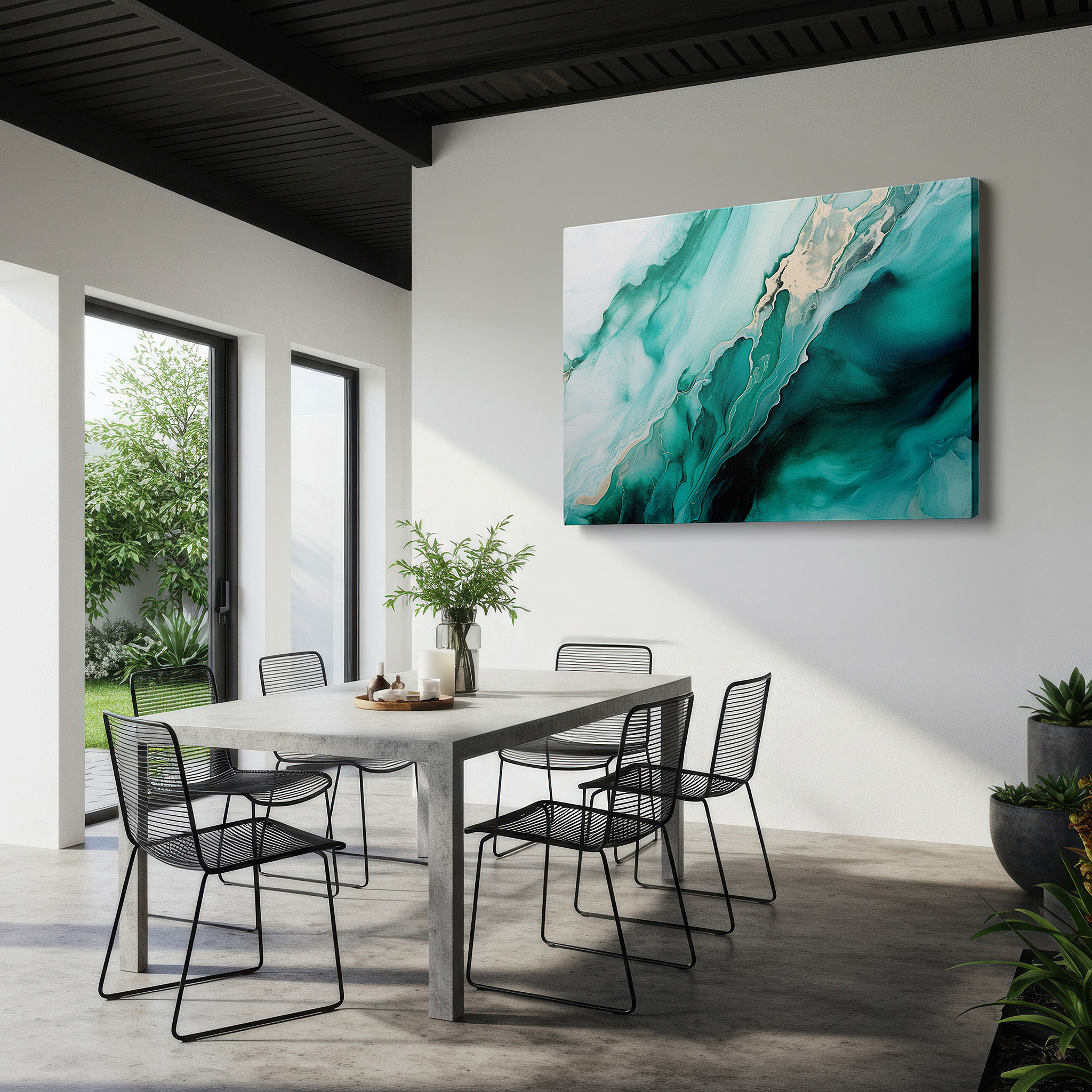 The 75×50 cm version anchors medium rooms without dominating them — tranquil turquoise waves and golden light abstract masterpiece - large canvas wall art for office and bedroom decor