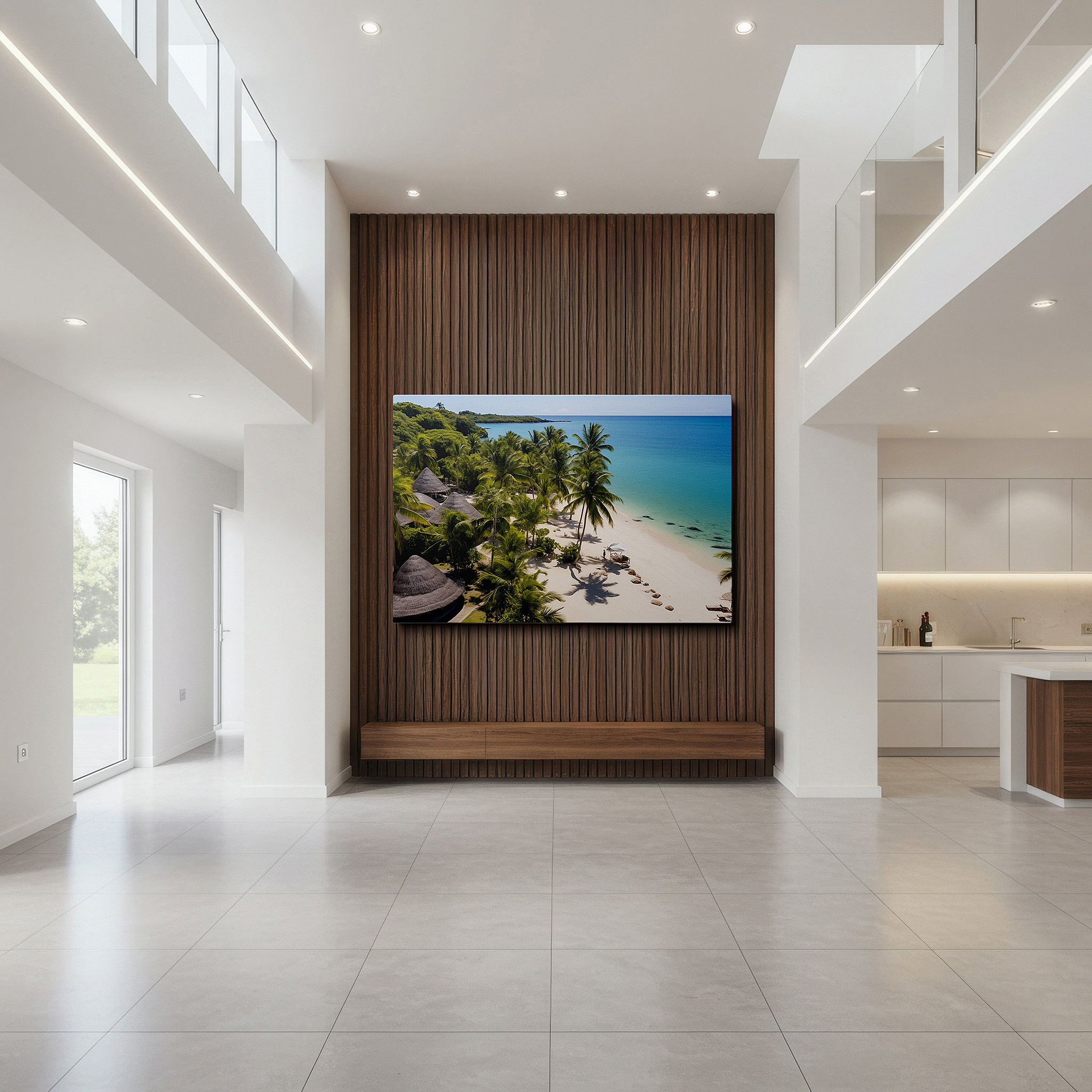 The 75×50 cm version anchors medium rooms without dominating them — tropical paradise wall art featuring pristine beach, swaying palms, and sparkling turquoise waters - large canvas for home or office decor