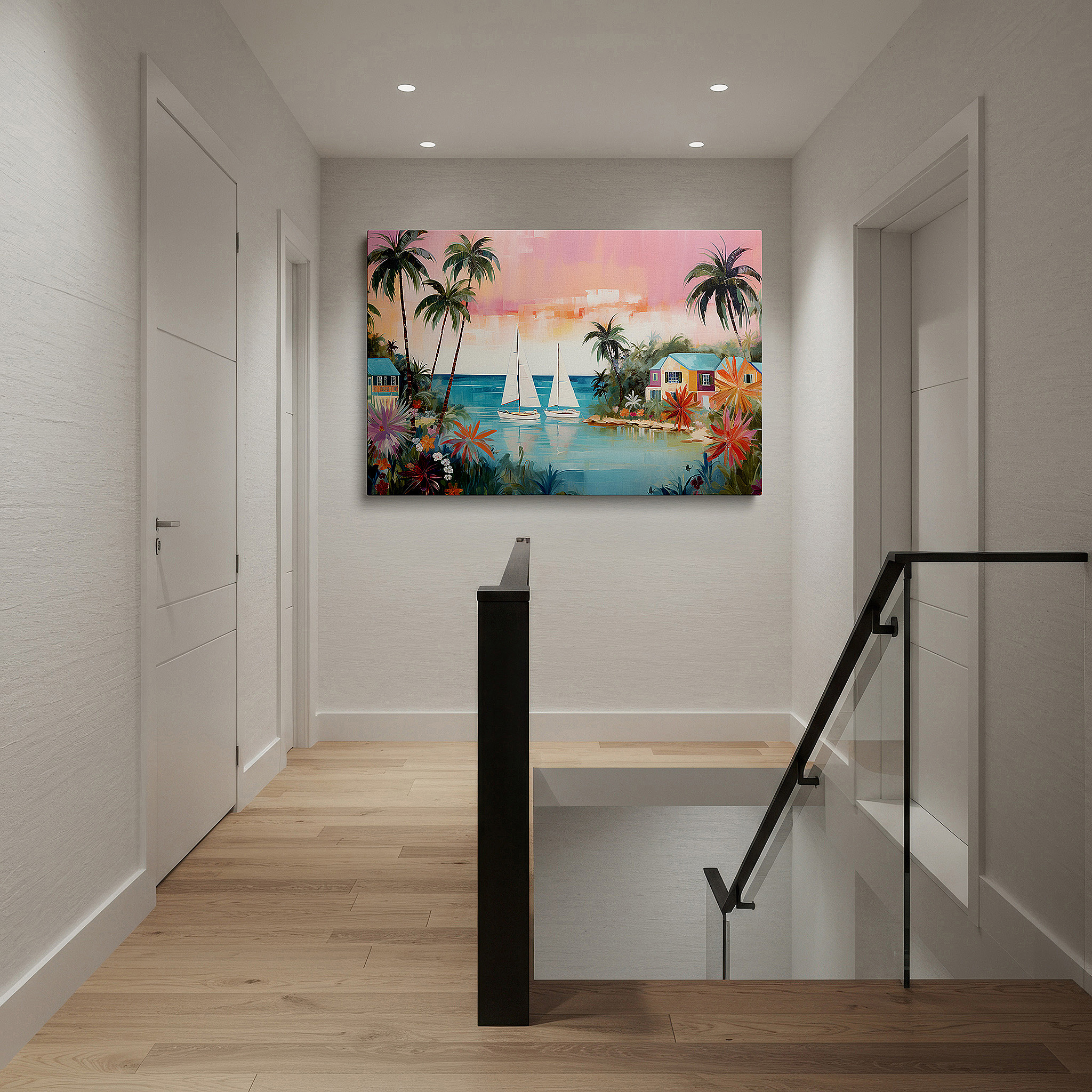 The 75×50 cm version anchors medium rooms without dominating them — tropical seascape sunset and sailboats wall art: large canvas for serene and adventurous decor, ideal for office and bedroom
