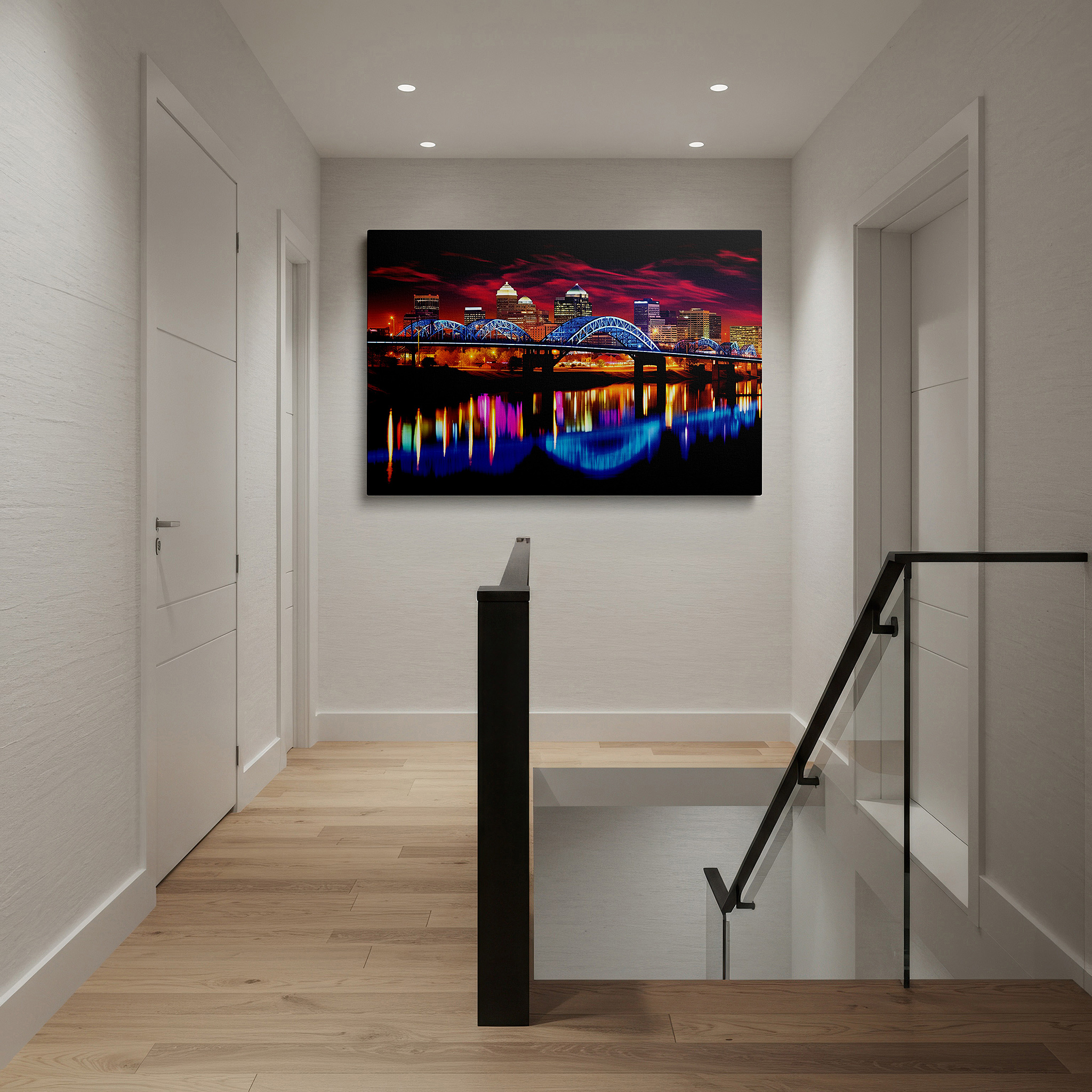 The 75×50 cm version anchors medium rooms without dominating them — urban twilight: where day meets night in the cityscape - large canvas wall art for office and bedroom decor