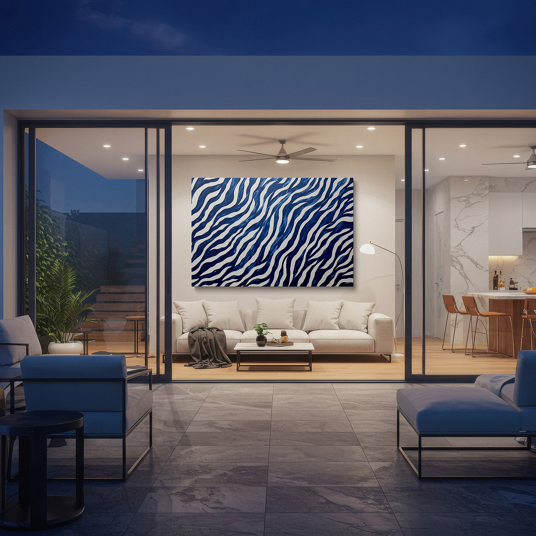 The 75×50 cm version anchors medium rooms without dominating them — vibrant blue and white zebra stripes in dynamic flow, contemporary abstract large wall art, canvas wall decor for office