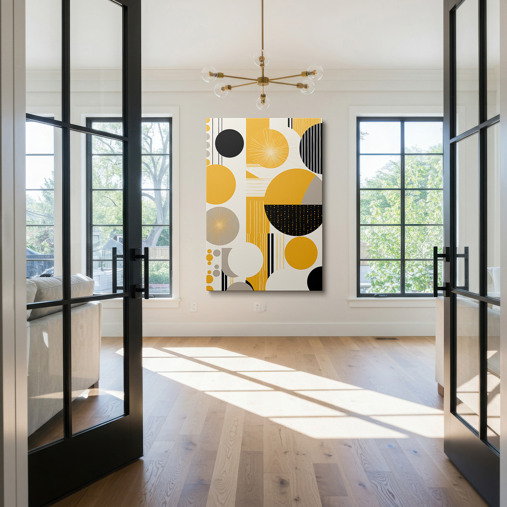 The 75×50 cm version anchors medium rooms without dominating them — vibrant interaction of geometric forms in striking yellow and rich black hues, oversized wall art, canvas art, home and office decor, bedroom wall art