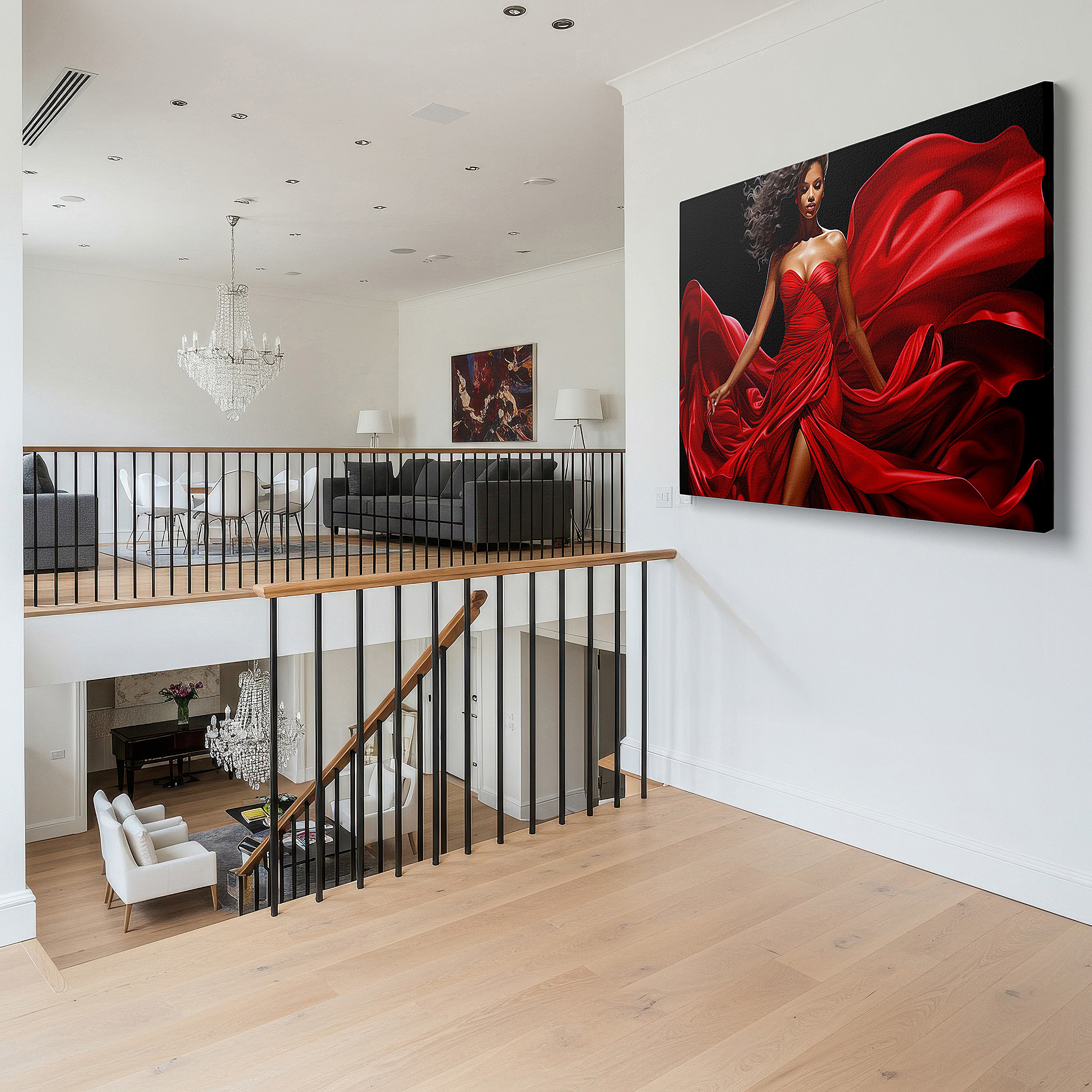 The 75×50 cm version anchors medium rooms without dominating them — vibrant lady in red: emblem of passion and strength - oversized wall art for office, bedroom, and living room decor