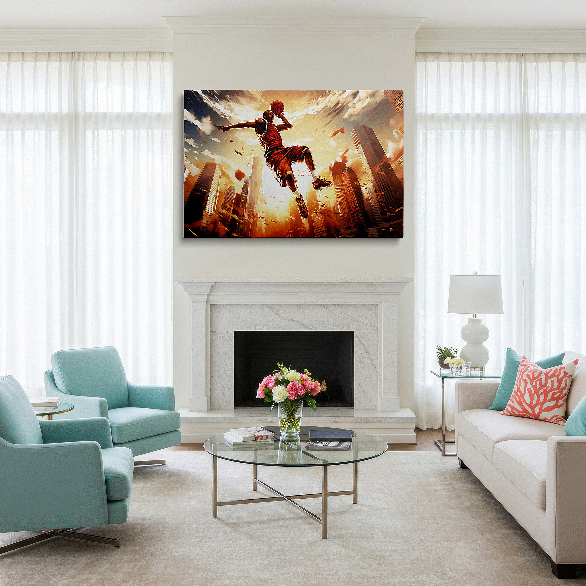 The 75×50 cm version anchors medium rooms without dominating them — wall art: athlete's sunset leap over urban skyline - a symbol of resilience and passion. large canvas wall art for office and bedroom decor.