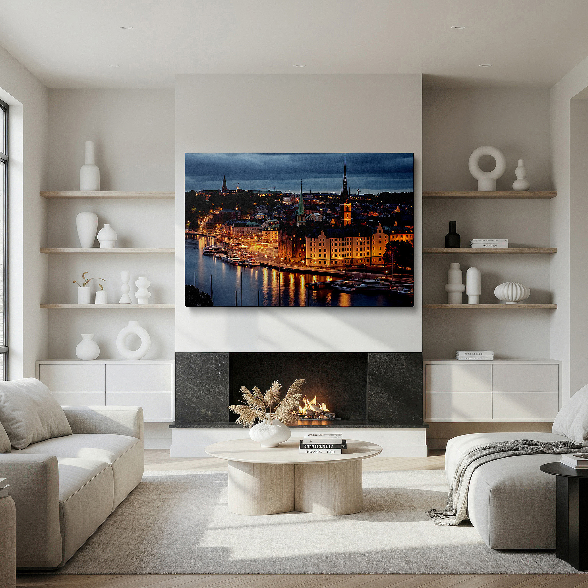 The 75×50 cm version anchors medium rooms without dominating them — wall art: captivating night in stockholm - blending historical charm with contemporary energy, large canvas wall art, decorative wall art for office