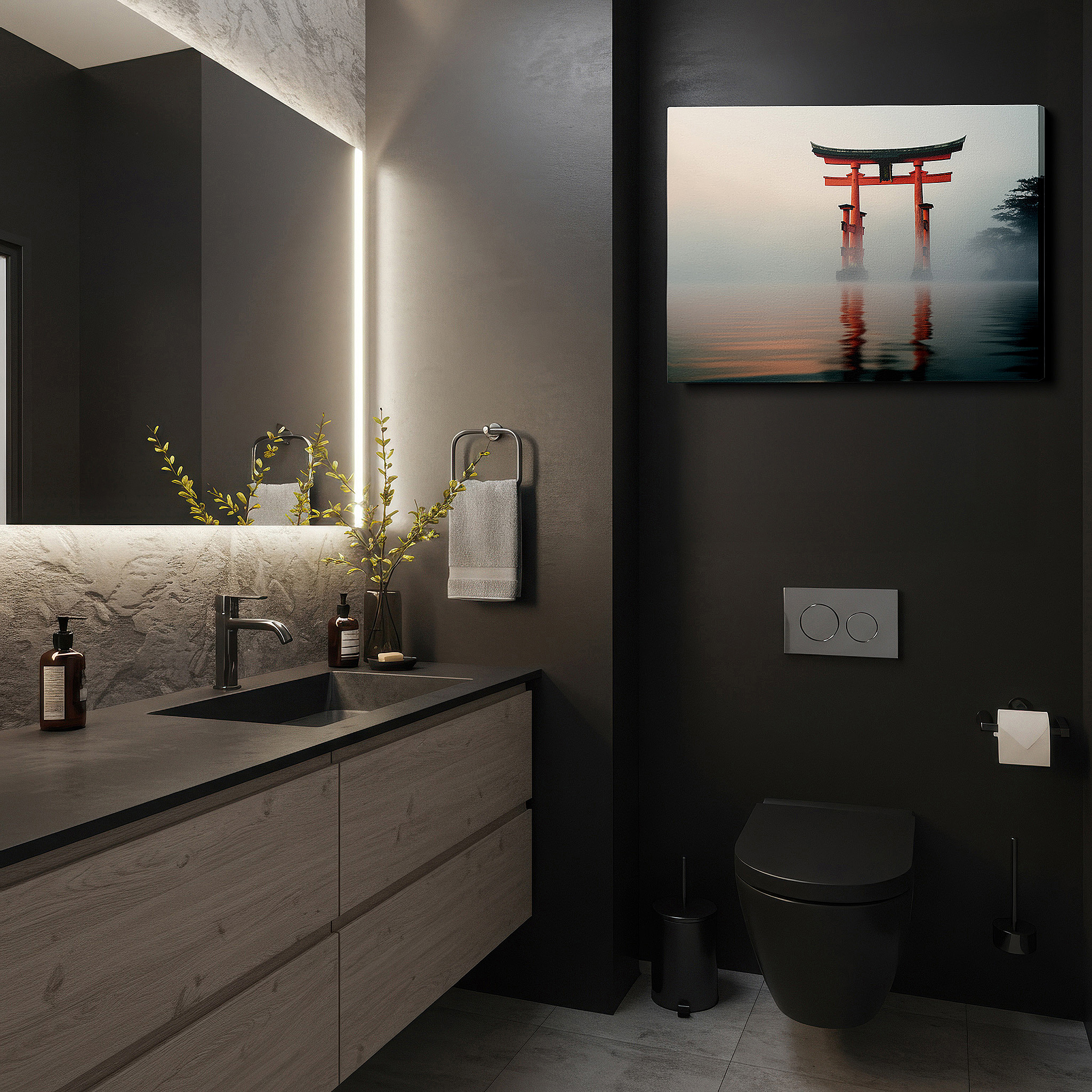 The 75×50 cm version anchors medium rooms without dominating them — wall art: enchanting red torii gate on a misty waterscape - a gateway to peace and reflection. large canvas wall art for home and office decor.
