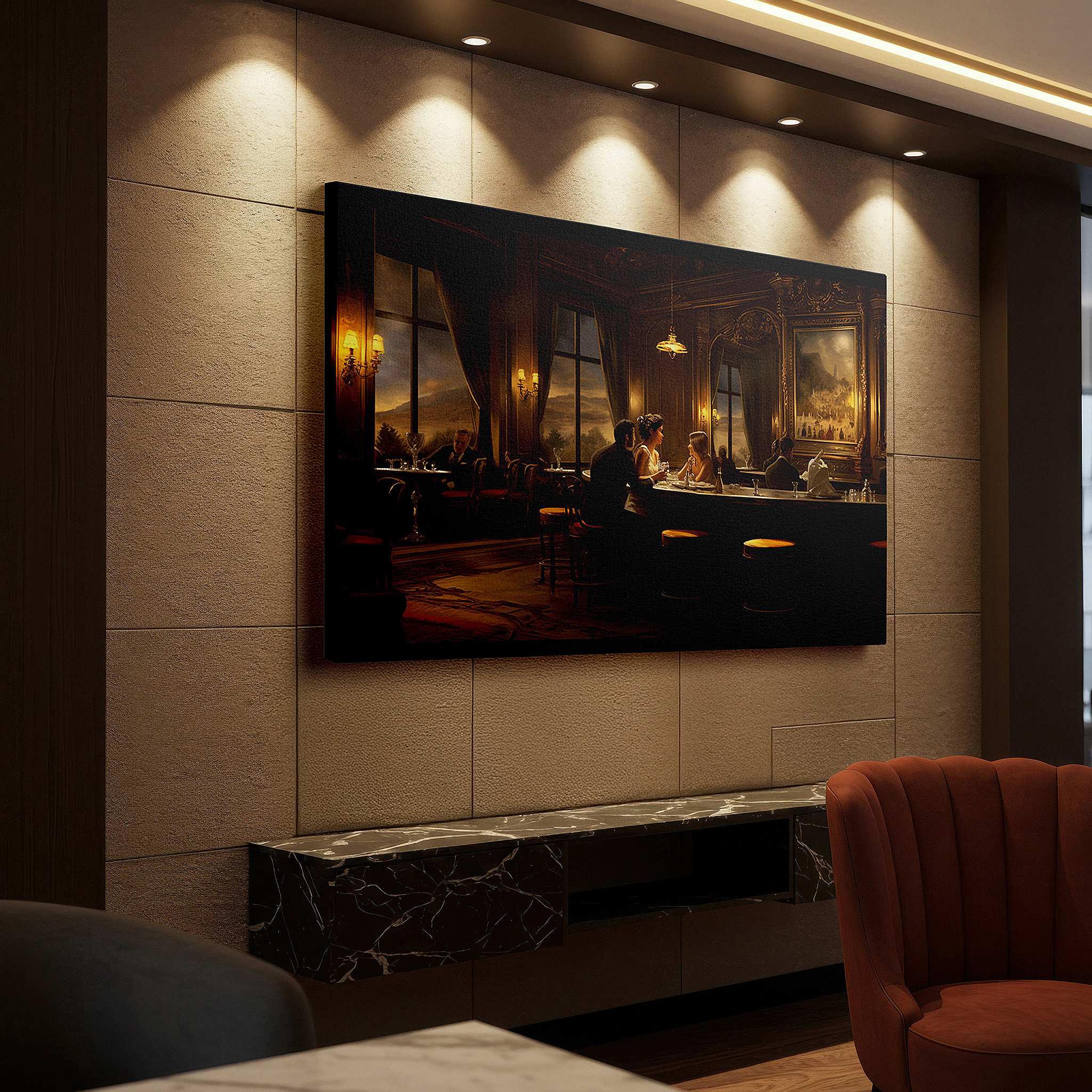 The 75×50 cm version anchors medium rooms without dominating them — wall art: experience elegance and luxury in a bar setting with sophisticated, warm large canvas art perfect for office or home decor.