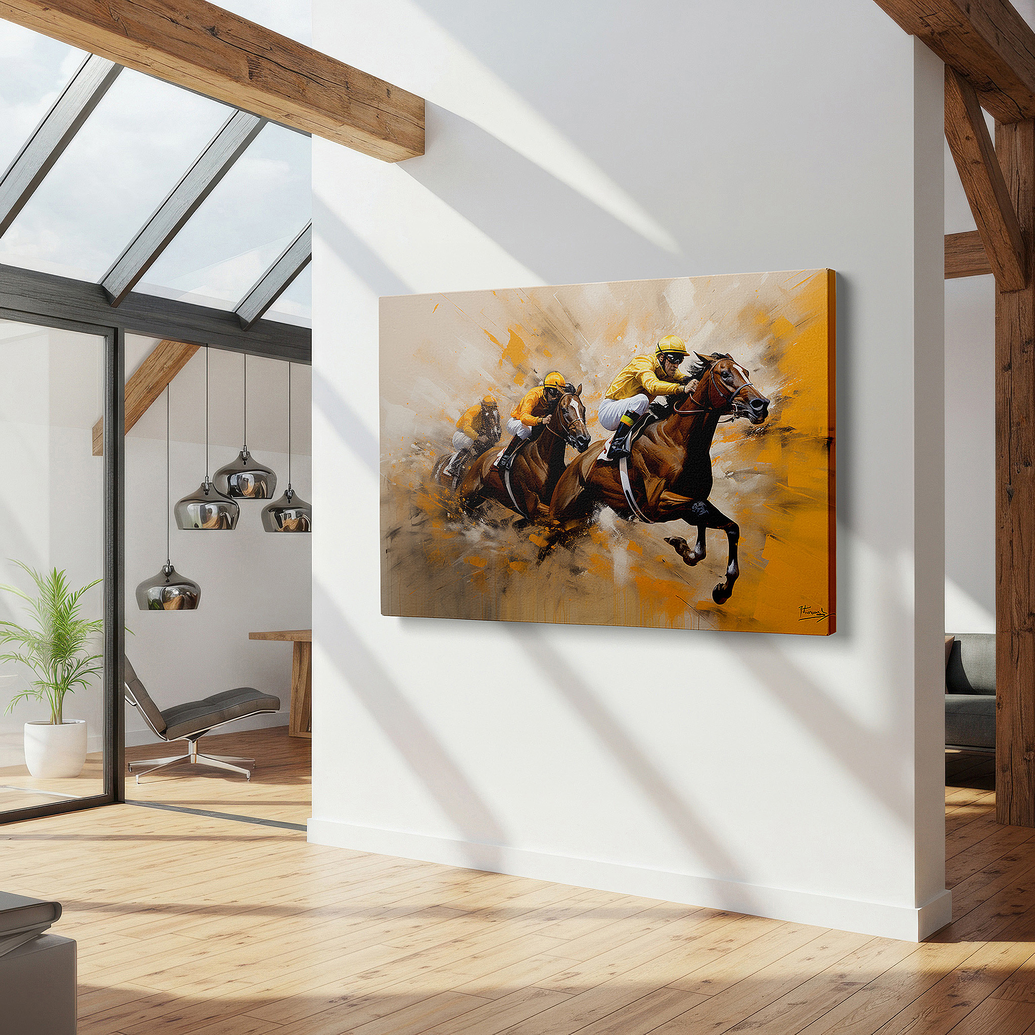 The 75×50 cm version anchors medium rooms without dominating them — wall art: experience the excitement of race day with dynamic horse and jockey imagery - large canvas art for home and office decor, perfect for living room and bedroom