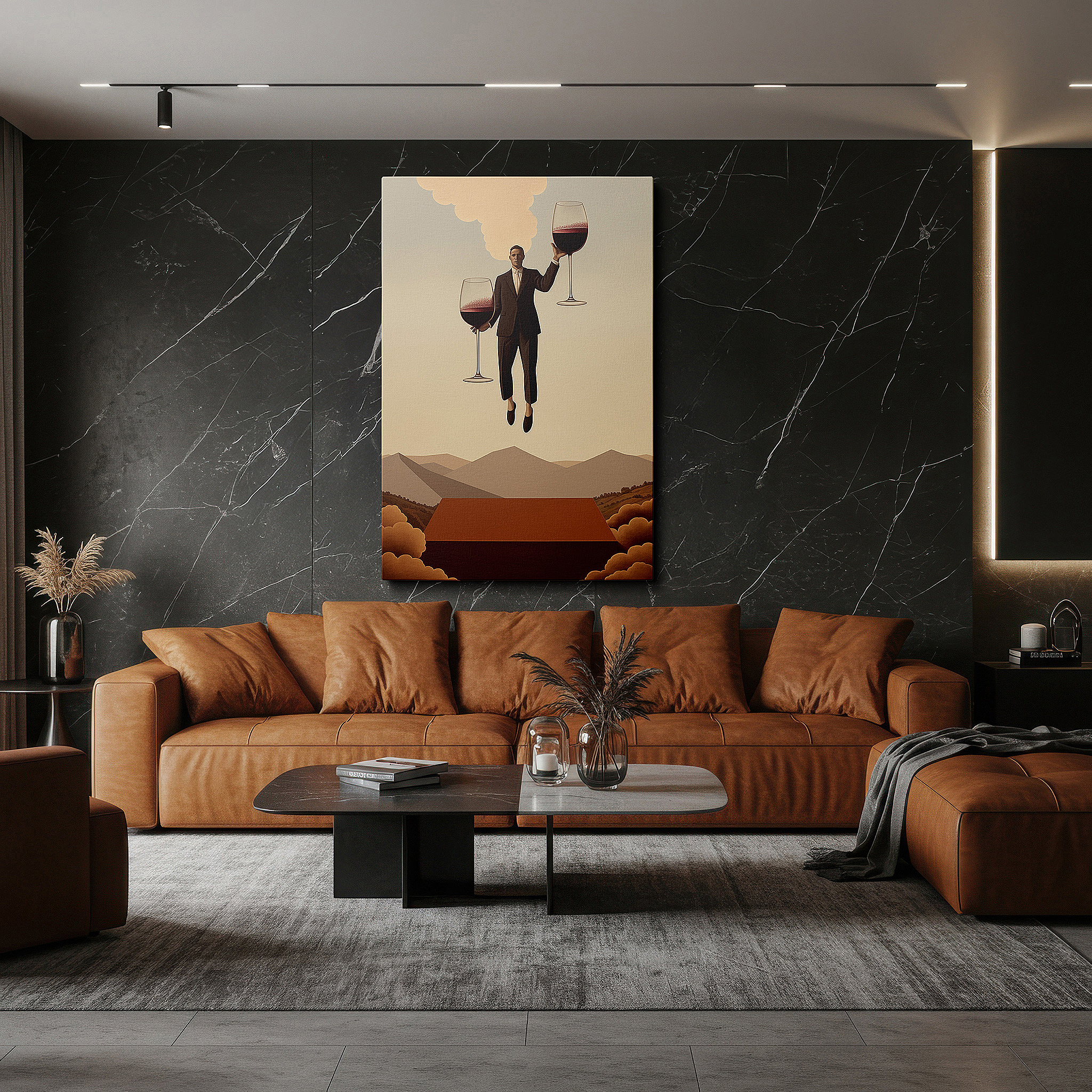 The 75×50 cm version anchors medium rooms without dominating them — wall art: serene man balancing wine glasses above minimalist landscape - large canvas art for office and bedroom decor