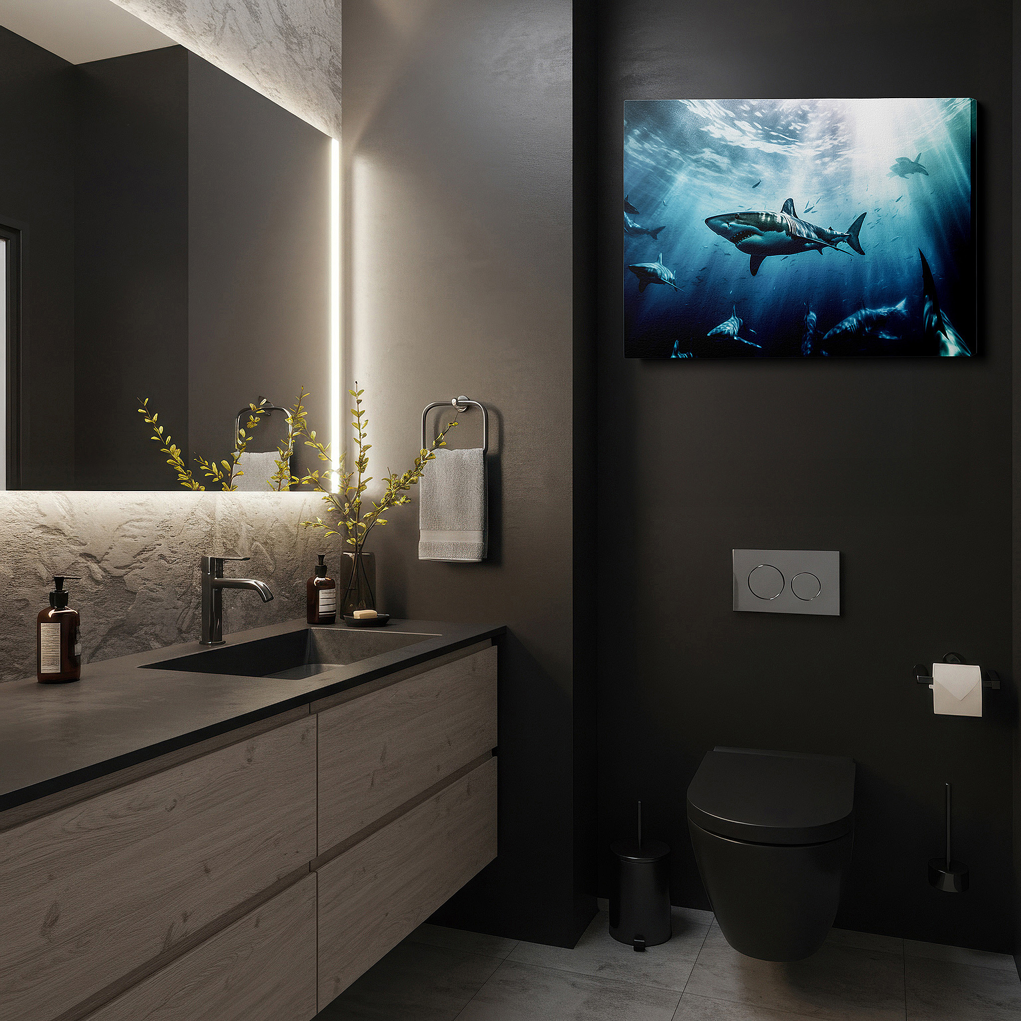 The 75×50 cm version anchors medium rooms without dominating them — wall art: serene underwater journey - majestic sharks and luminous seas. large canvas wall art for office and bedroom decor