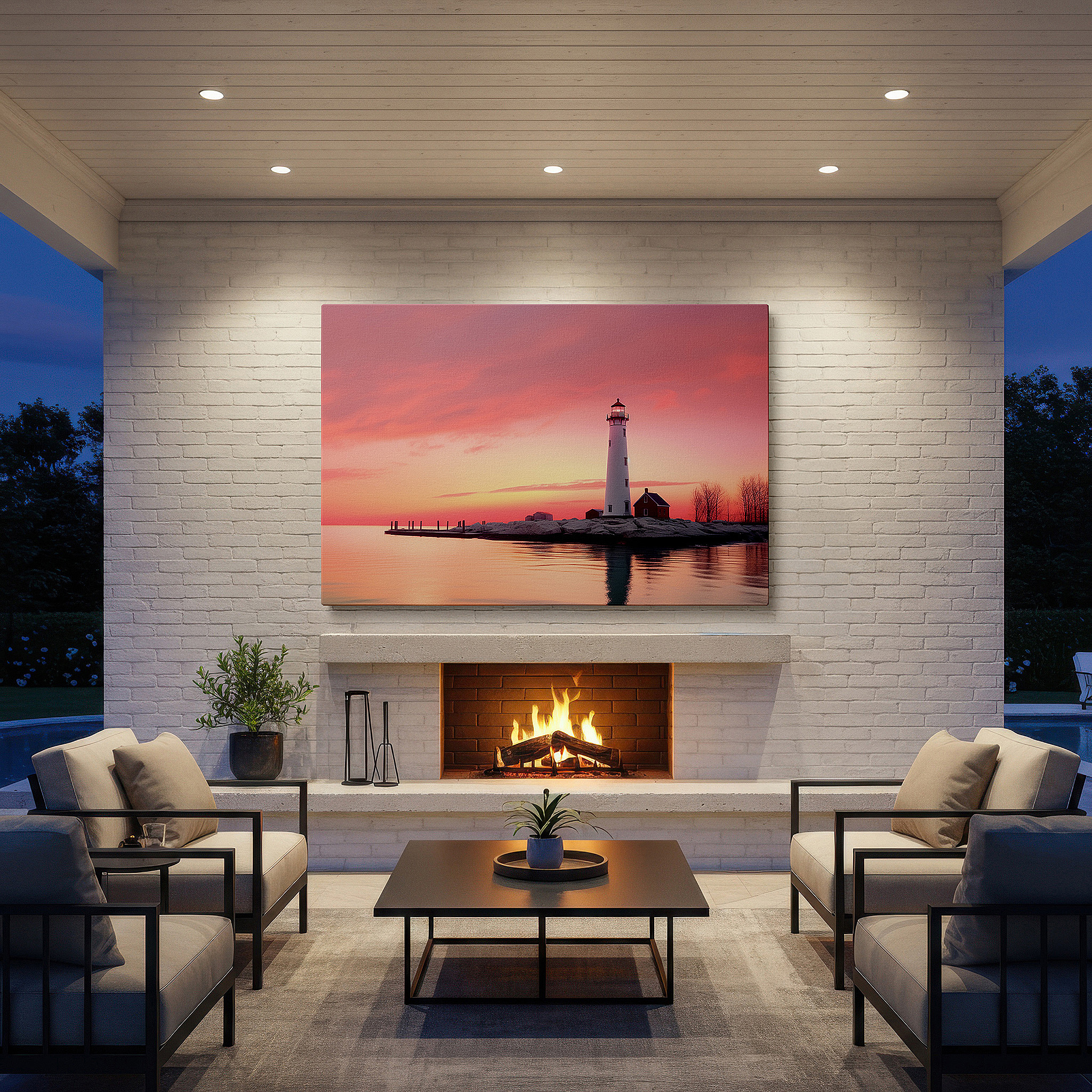 The 75×50 cm version anchors medium rooms without dominating them — wall art: serene white lighthouse at sunset - a symbol of peace and hope, large canvas wall art for office and bedroom decor