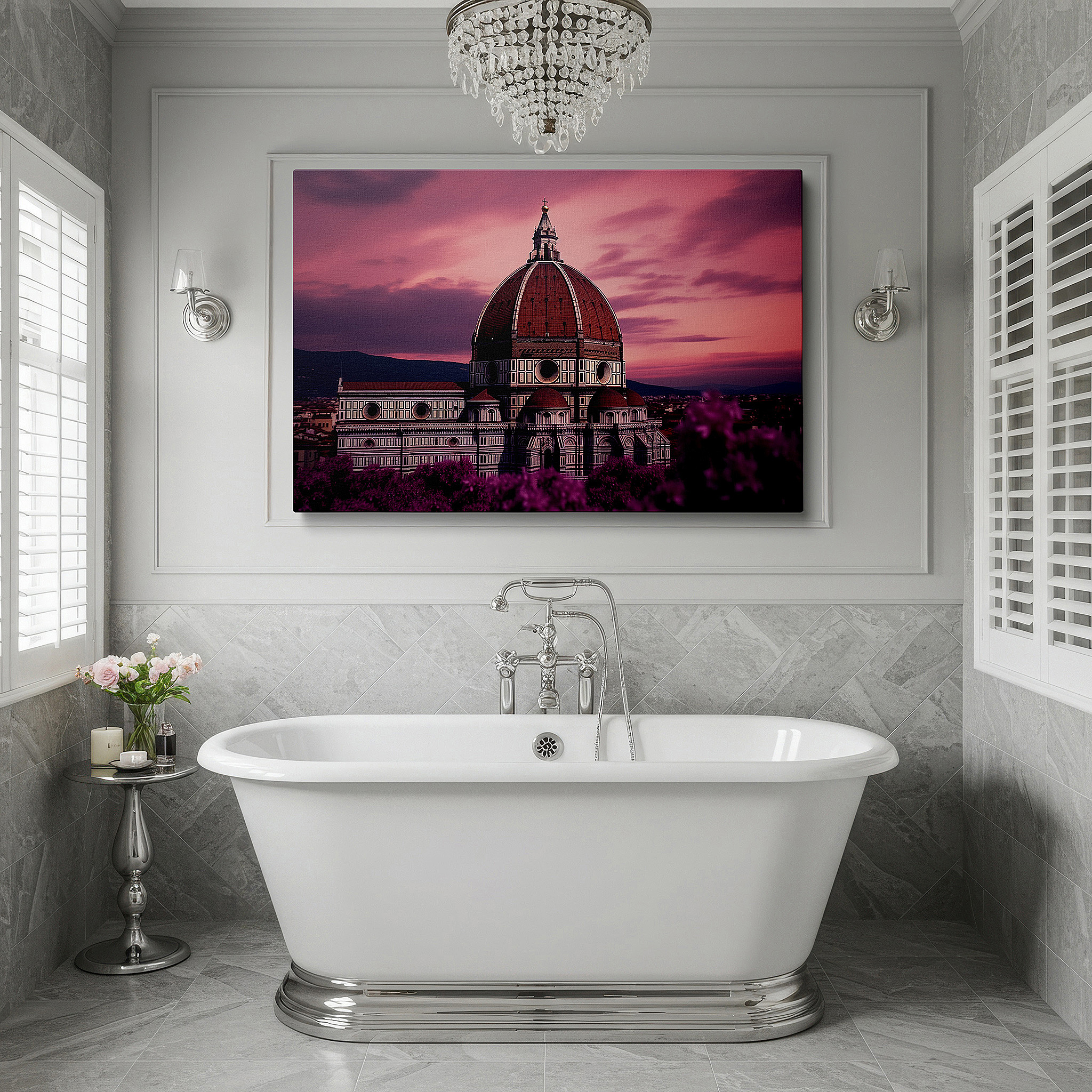 The 75×50 cm version anchors medium rooms without dominating them — wall art: twilight majesty of florence duomo - experience the radiant spectrum and historical grandeur with large canvas wall art for home and office decor