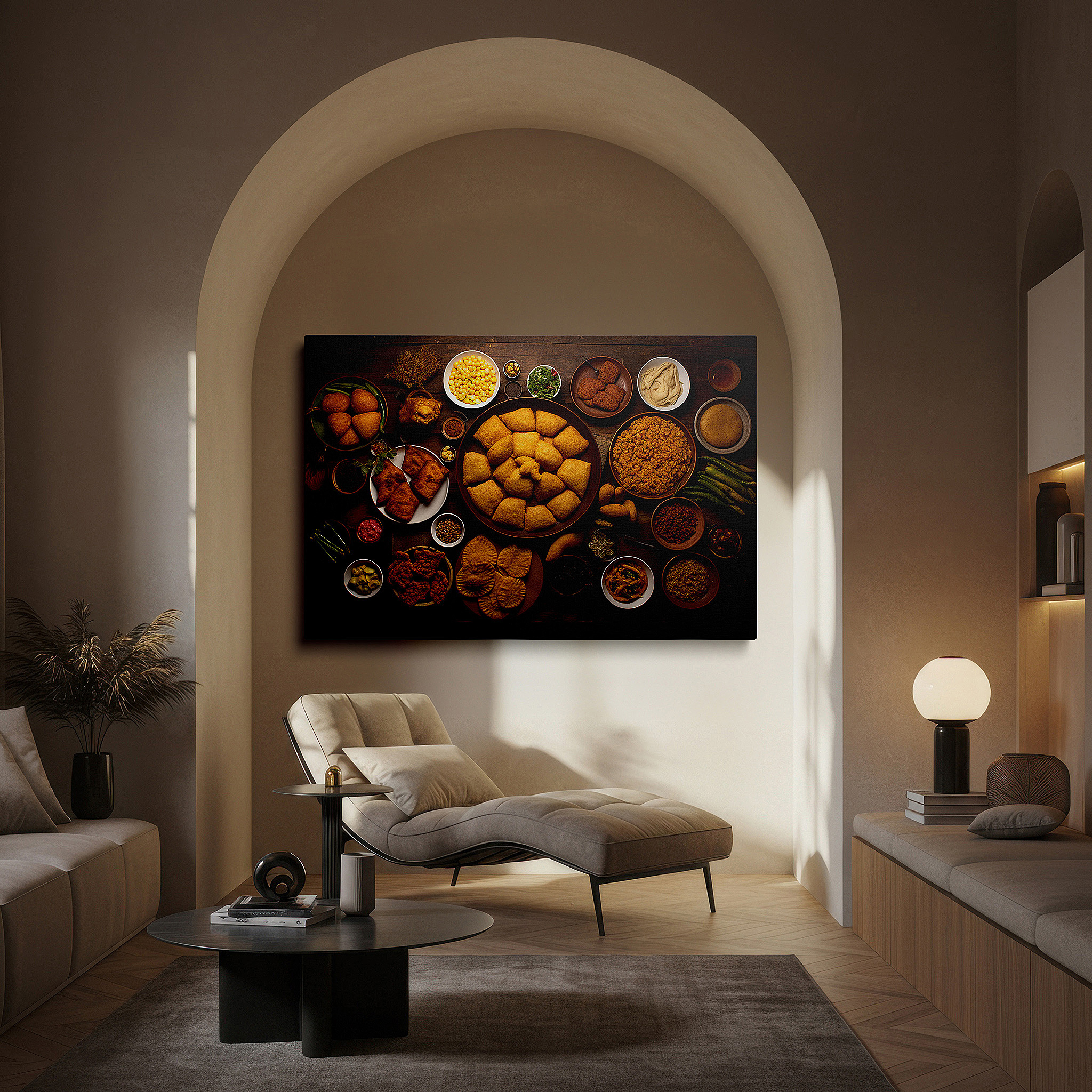 The 75×50 cm version anchors medium rooms without dominating them — wall art: a visual celebration of india's diverse cuisine - featuring large canvas pieces perfect for office or bedroom decor