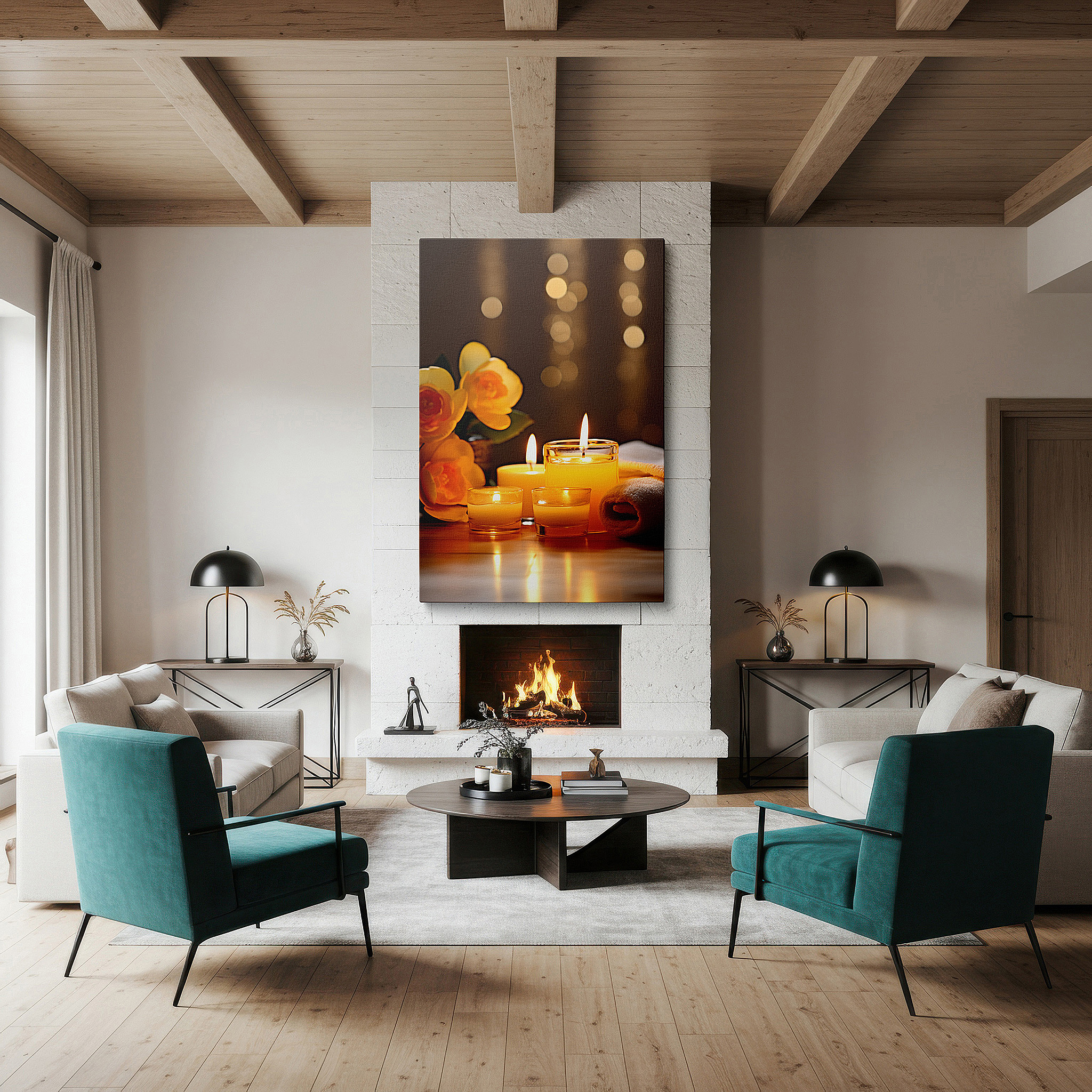 The 75×50 cm version anchors medium rooms without dominating them — wall decor: a harmonious display of yellow blooms and soft candlelight, capturing serenity and happiness. ideal for living room, office, or bedroom.