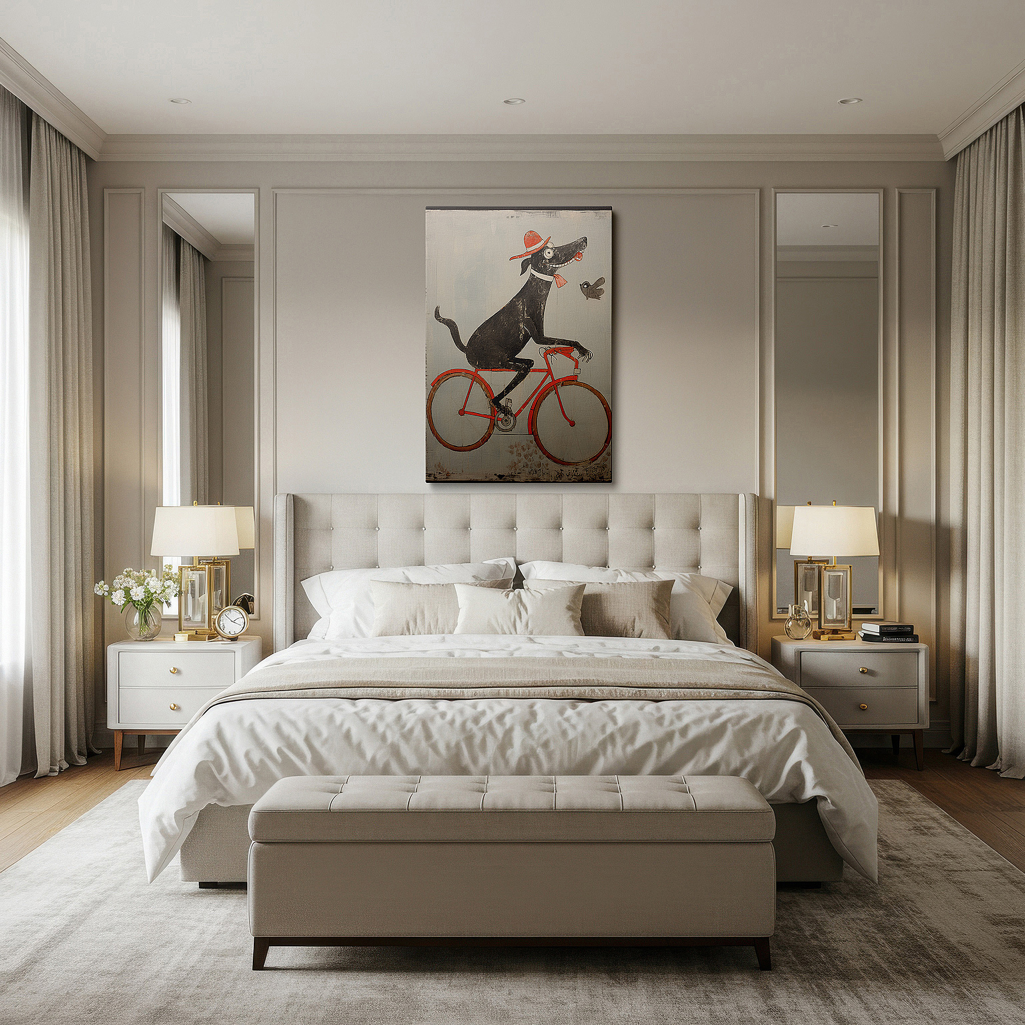 The 75×50 cm version anchors medium rooms without dominating them — wall decor: joyful black dog on an orange bicycle with a red hat - large canvas art for office and bedroom
