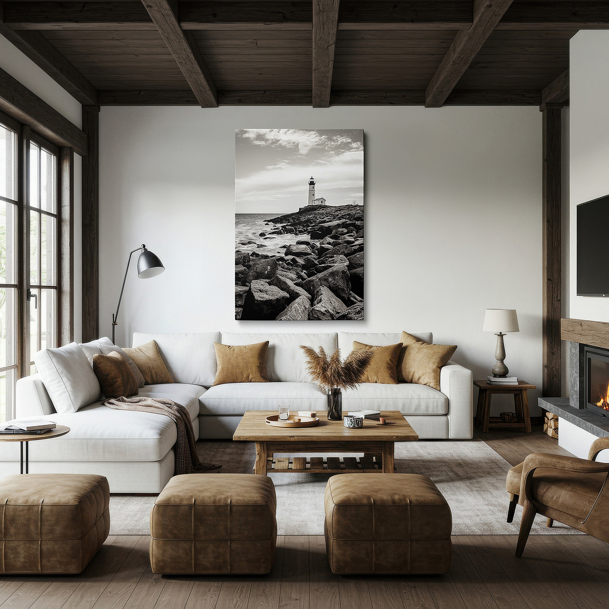 The 75×50 cm version anchors medium rooms without dominating them — wall decor: majestic lighthouse on rugged coastline - black and white contrast with maritime charm, large canvas wall art for home and office decor