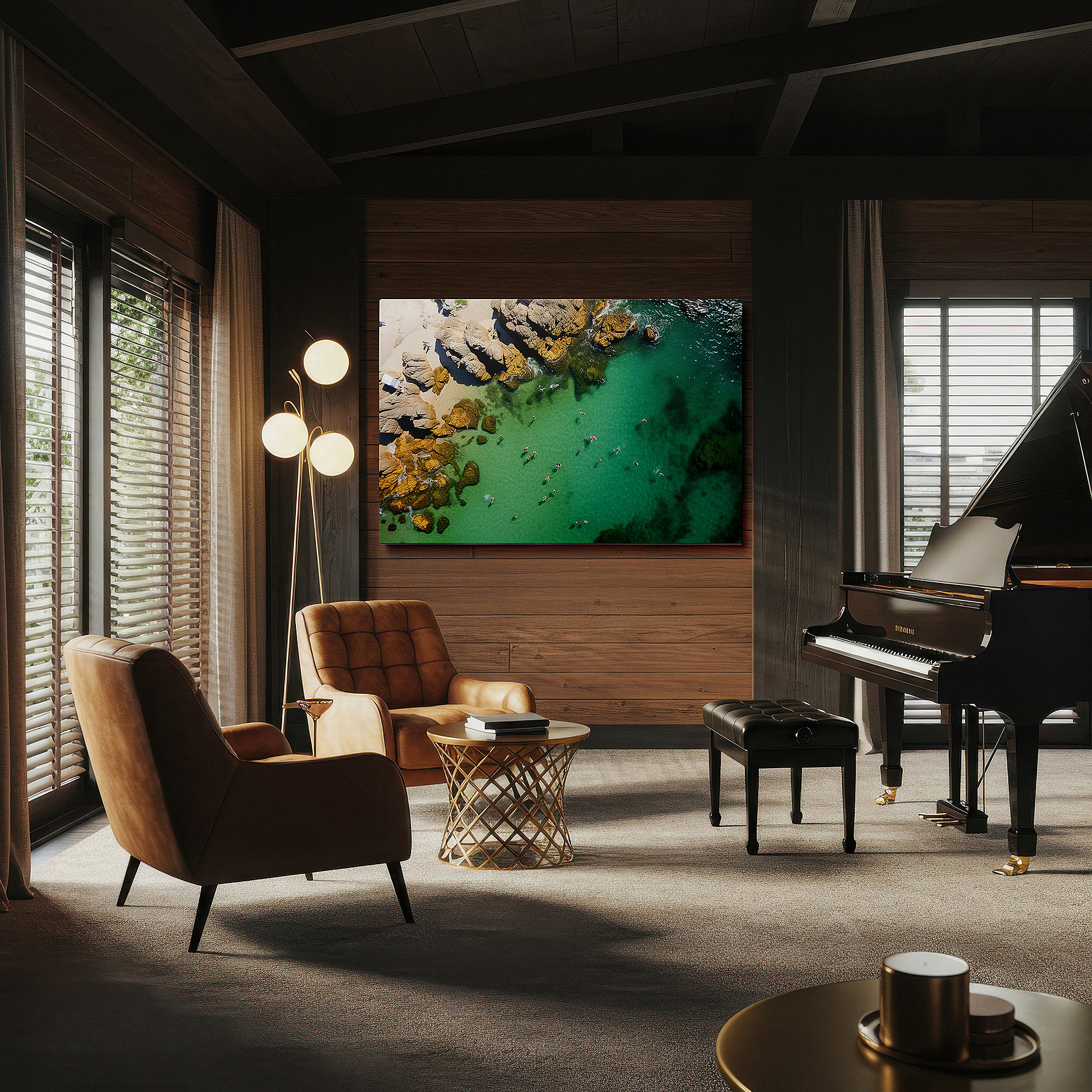 The 75×50 cm version anchors medium rooms without dominating them — wall decor: serene turquoise waters and tranquil shores - aerial view of nature's harmony 