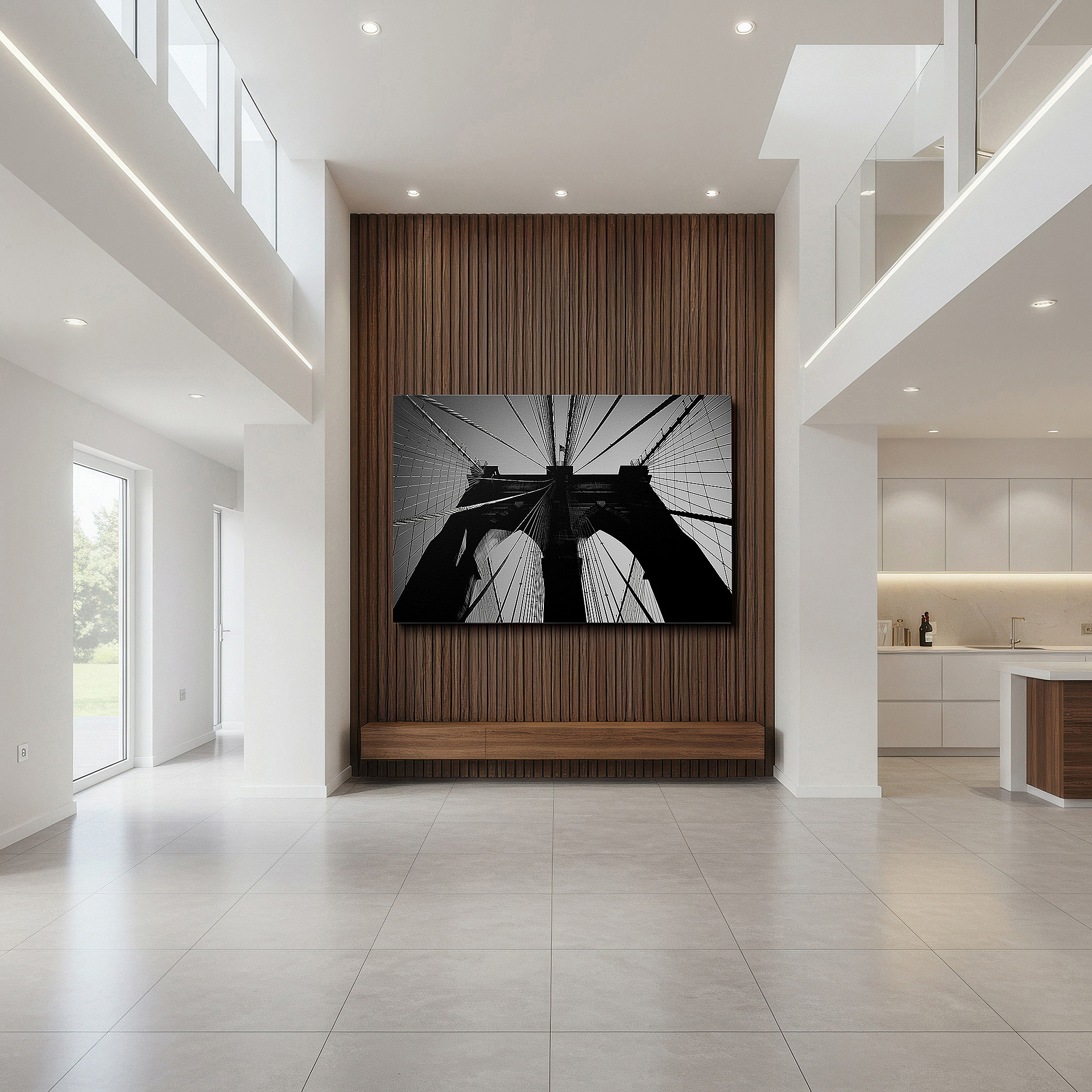 The 75×50 cm version anchors medium rooms without dominating them — wall decor: stunning black-and-white brooklyn bridge - a tribute to architectural genius and human spirit, large canvas art for home and office