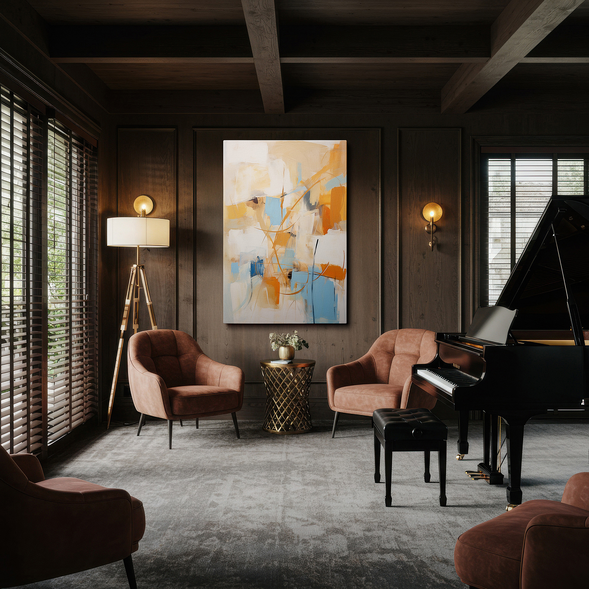 The 75×50 cm version anchors medium rooms without dominating them — warm earthy tones and dynamic abstract lines: large canvas wall art for office and bedroom decor
