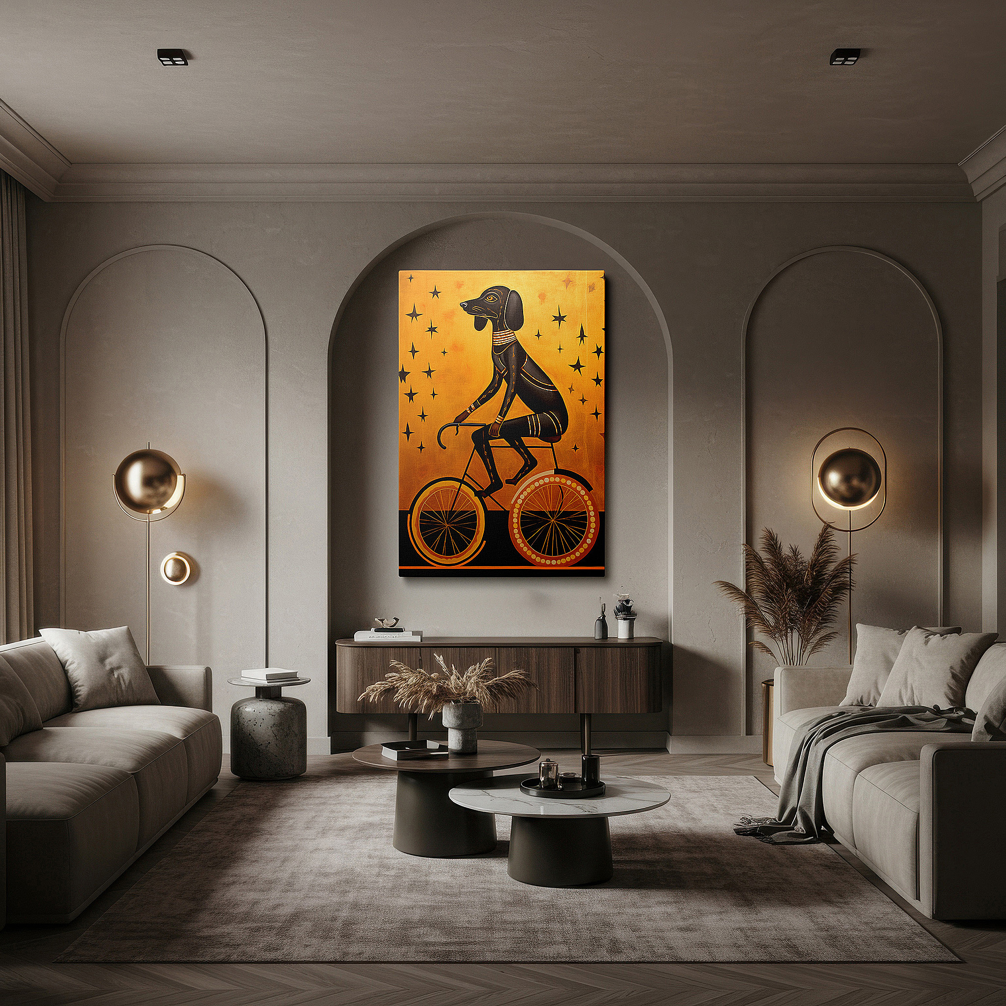 The 75×50 cm version anchors medium rooms without dominating them — whimsical black dog on a bicycle canvas art - large wall decor for office, bedroom, and living spaces, featuring a golden starry sky