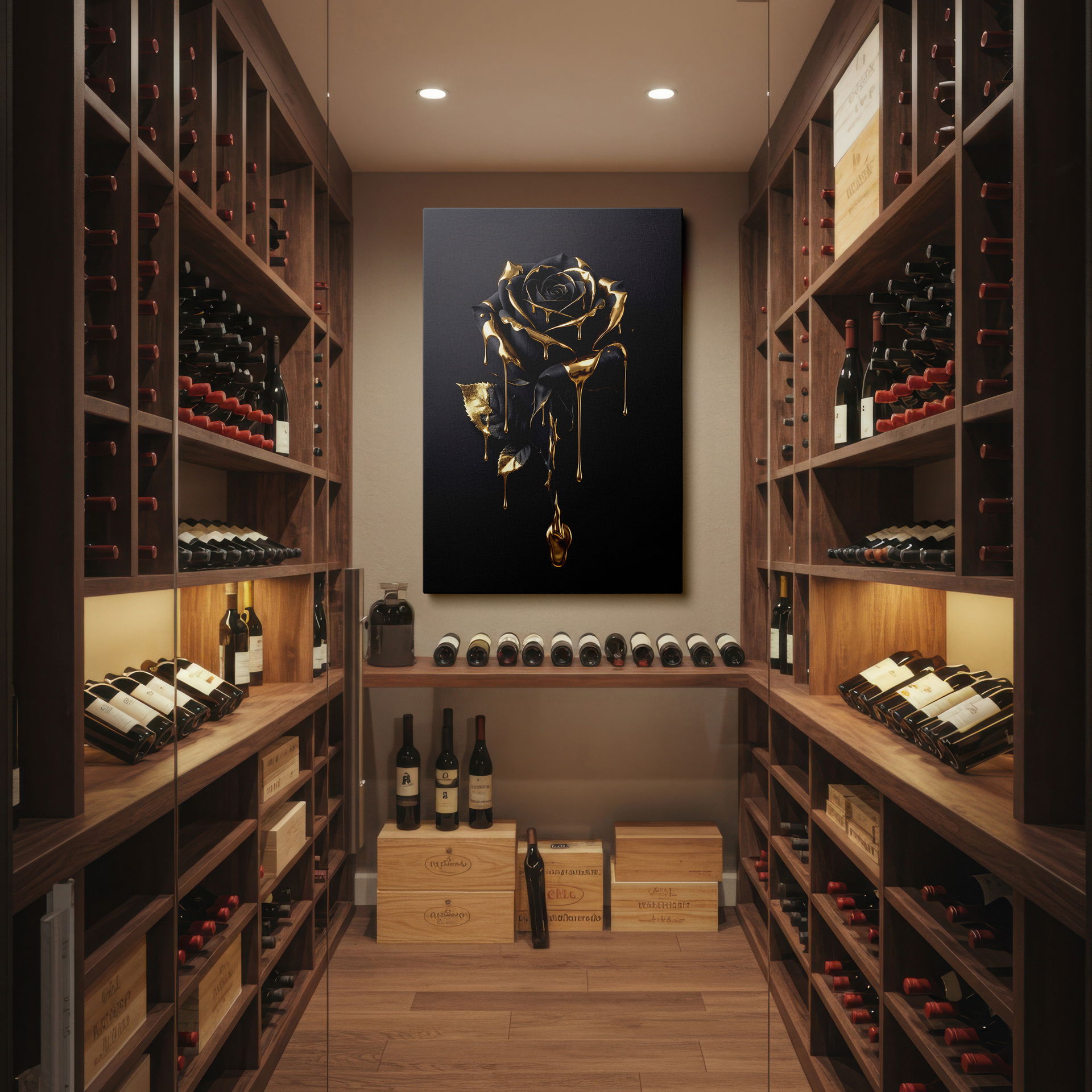 Stunning black and gold floral wall art print showcasing a sophisticated rose motif suitable for office wall decor