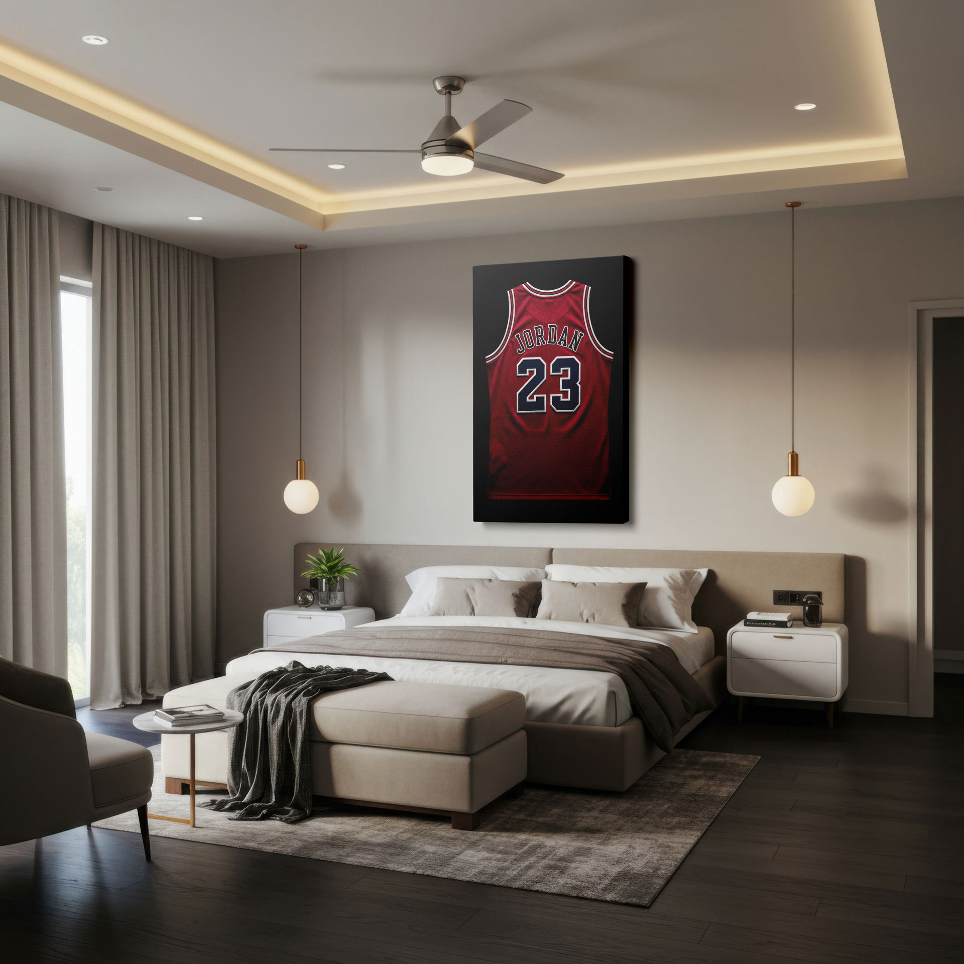 Vibrant red and navy Michael Jordan #23 jersey canvas print wall art, perfect for modern sports wall decor.