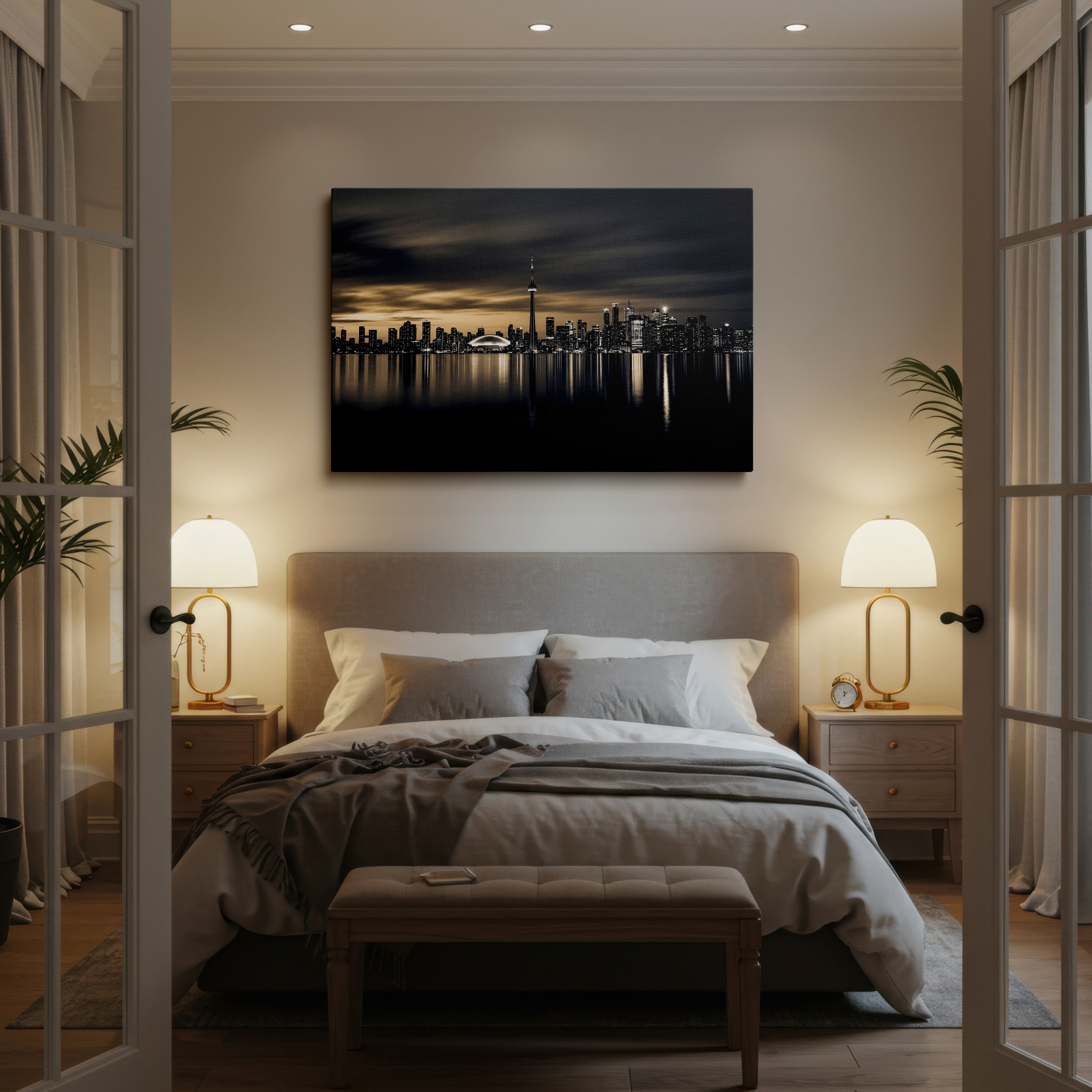 Detailed depiction of Toronto landmarks and city lights reflecting on the water, adding urban charm as a piece of wall decor