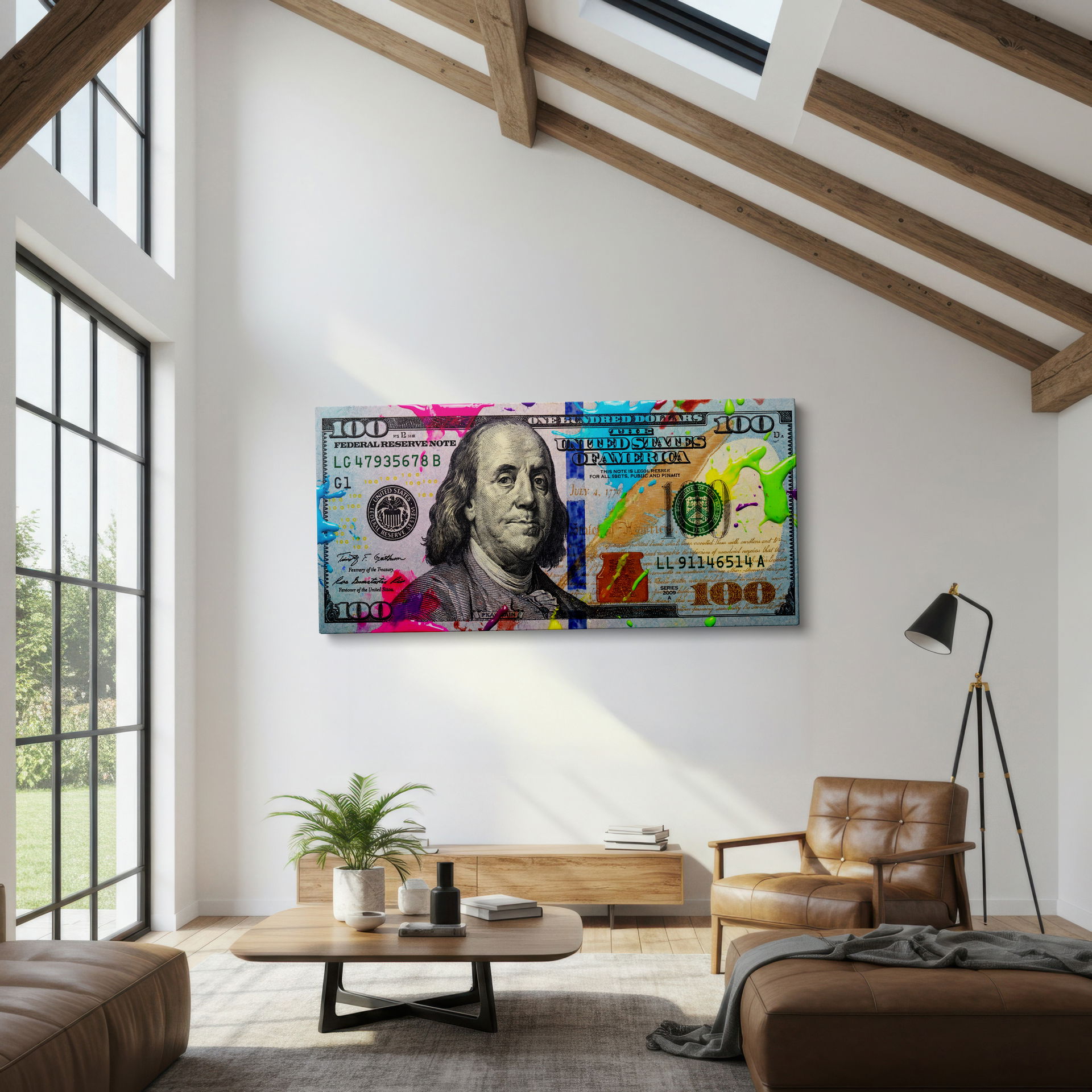 Striking Ben Franklin portrait reimagined in pop art style as canvas wall art for unique urban wall decor