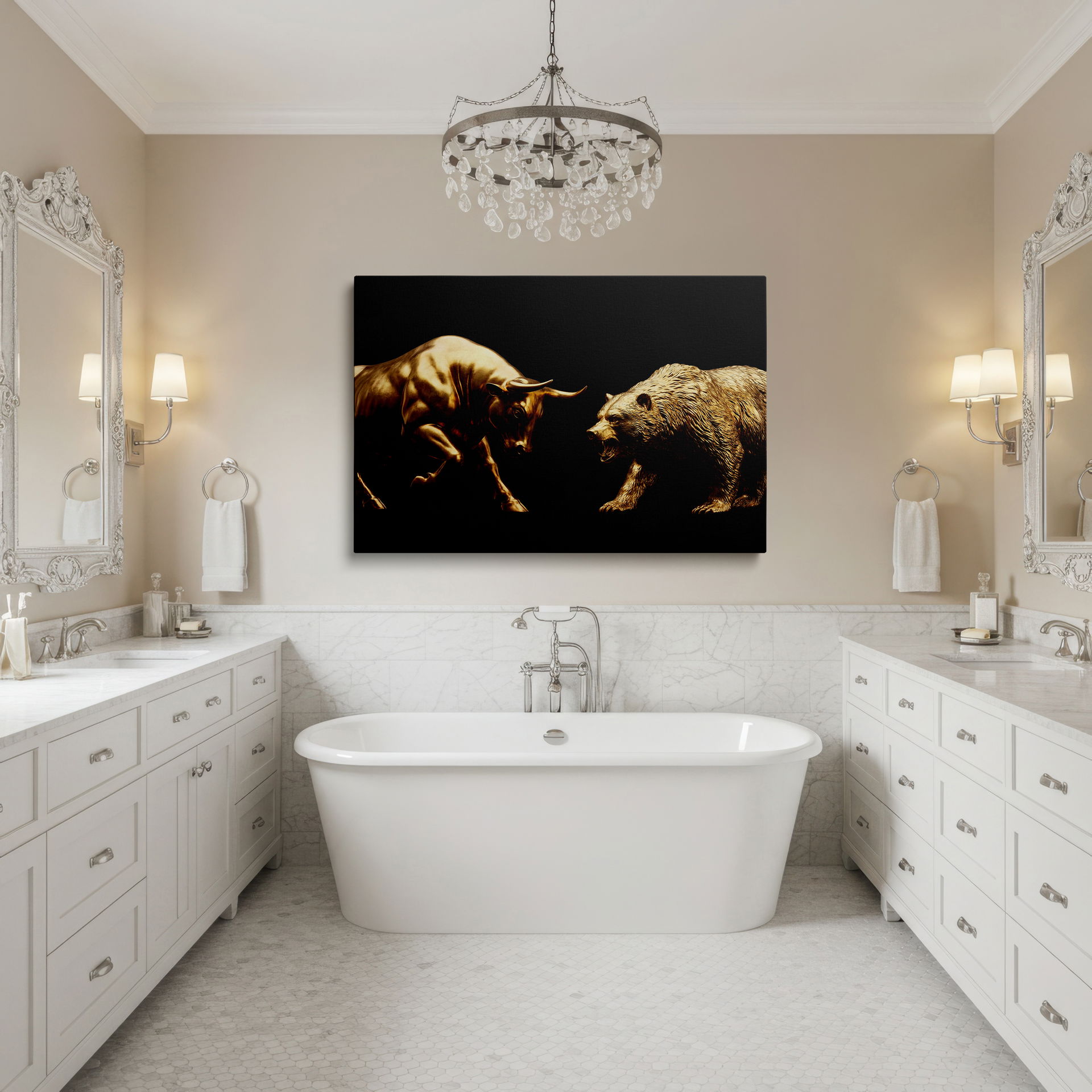 Close-up of the fierce golden bull in motion, detailed stock market wall art, providing powerful office wall decor.