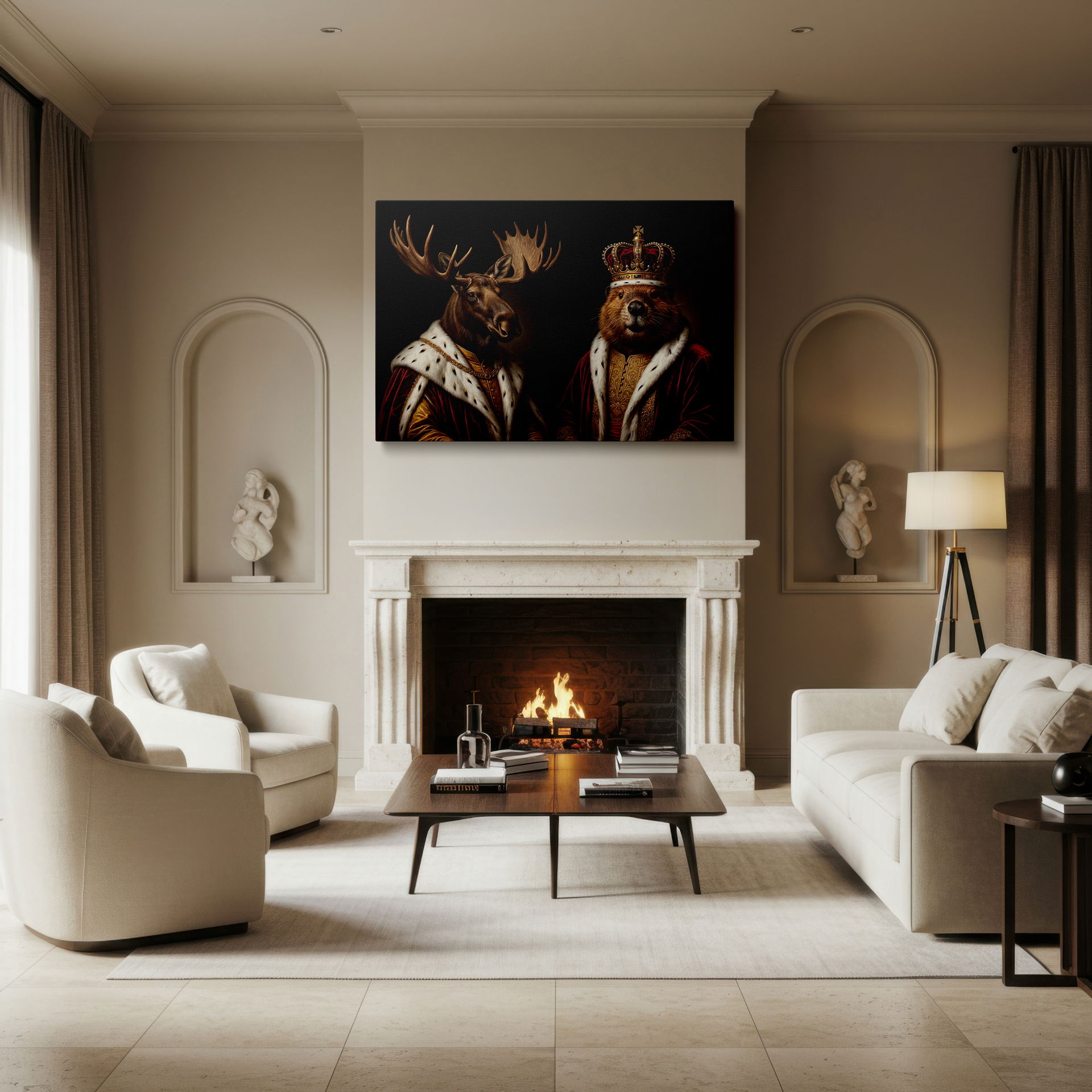 Humorous and compelling animal portrait wall art featuring a dignified beaver in crown and cloak wall decor