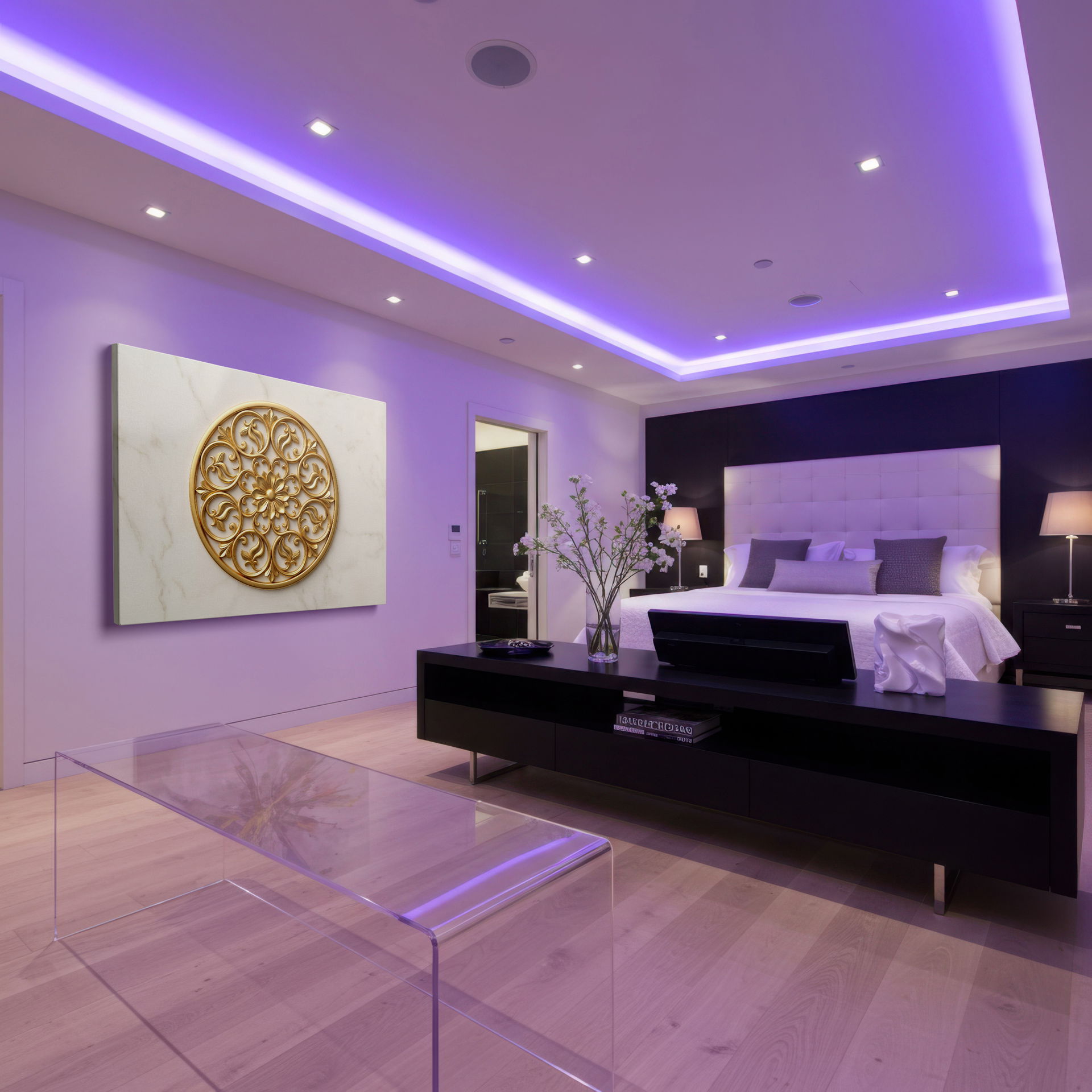 Golden floral medallion wall art displayed in a sophisticated living space, enhancing the room's wall decor