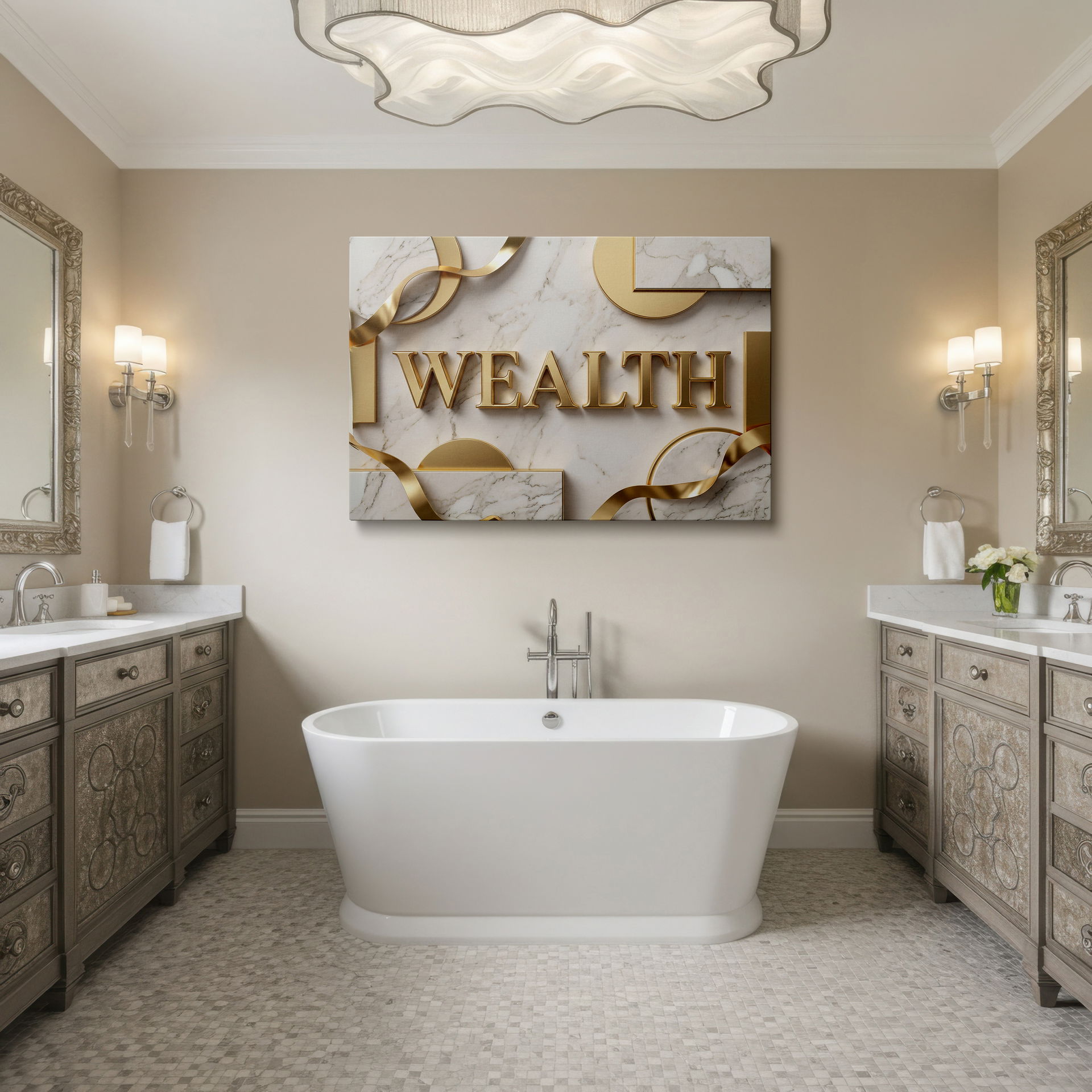 Elegant modern geometric design featuring golden ribbons and marble texture, a captivating piece of canvas wall art and wall decor.