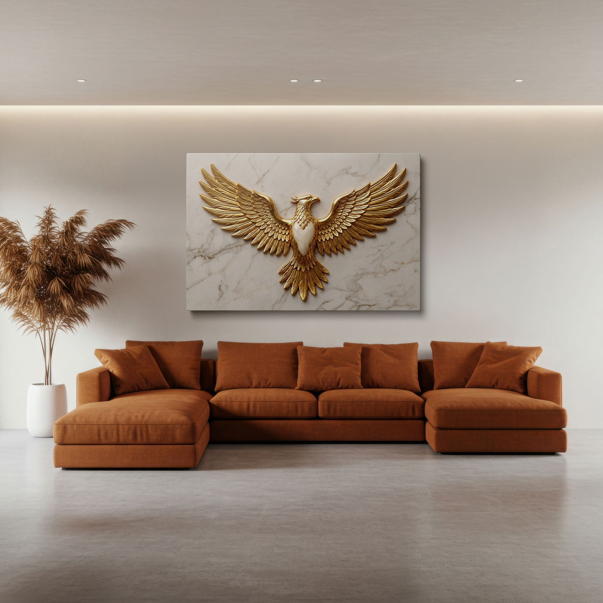 Close-up on the intricate details of the eagle's golden feathers in this striking wall art wall decor