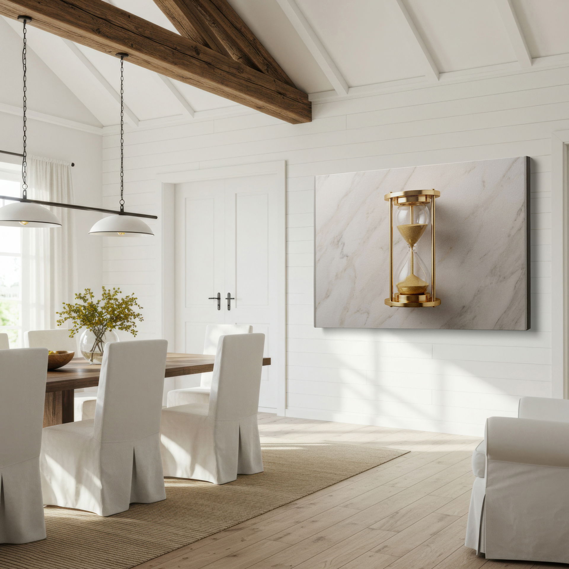 Captivating image of the golden hourglass wall art showcasing depth and dimension against a neutral background, a beautiful piece of wall decor.