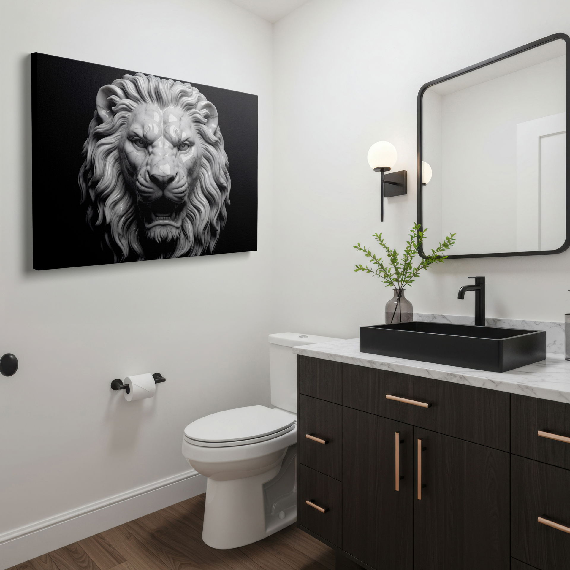 A beautiful close-up view of the detailed craftsmanship of the marble lion sculpture on museum-quality wall decor