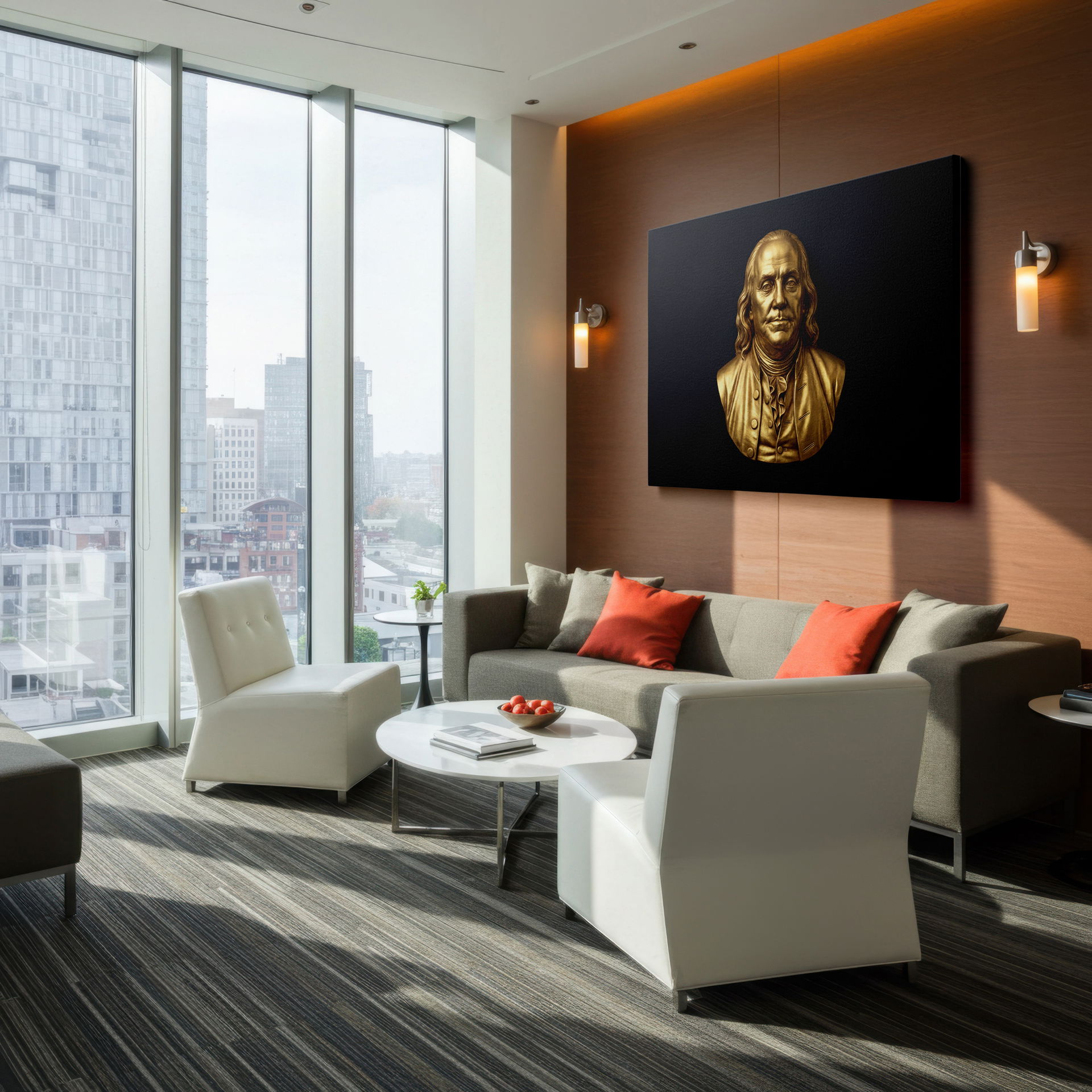 Detailed close-up of the golden Franklin bust, a captivating and intellectual piece of canvas wall art