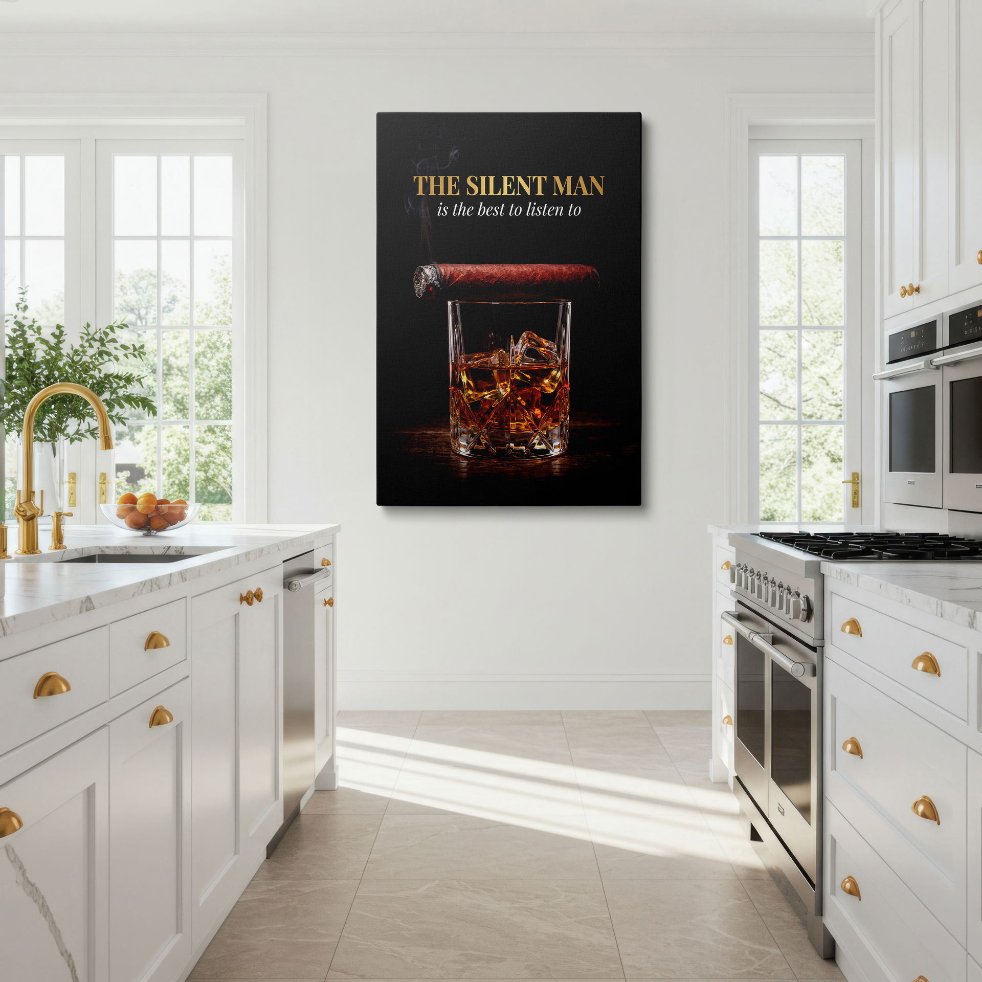 Canvas wall art print of "The Silent Man" quote above a glass of amber whiskey and a cigar. Wrapped Canvas