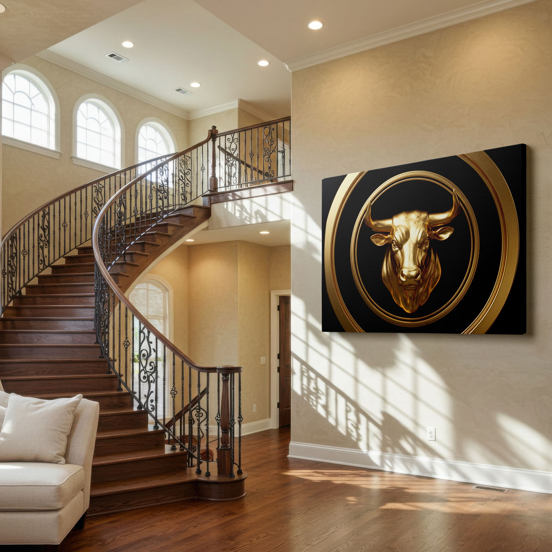 Captivating wall art print of a golden bull symbolizing prosperity and ambition, designed to enhance modern wall decor.