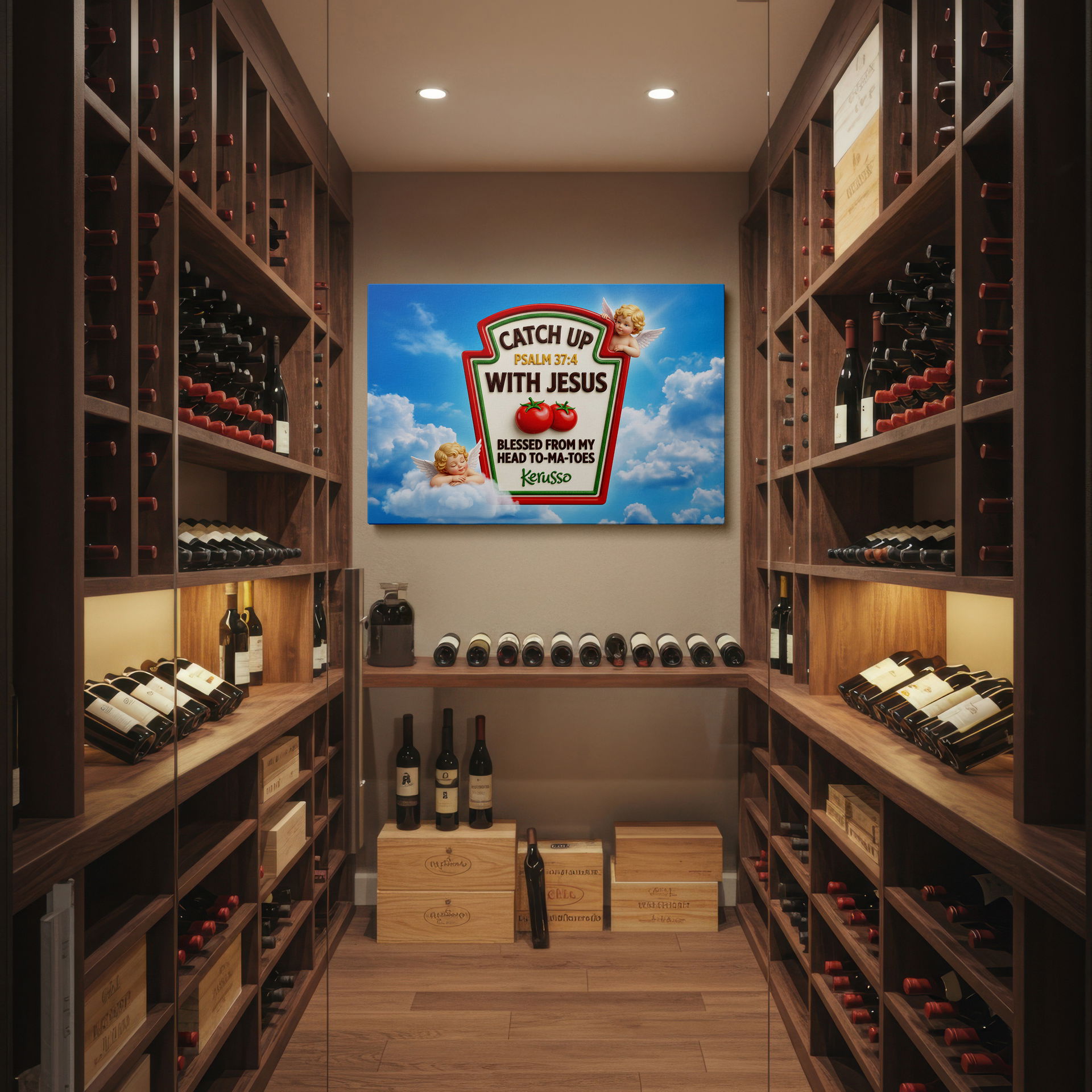 Christian-themed wall art with a humorous quote and Bible verse, an inspirational piece of wall decor