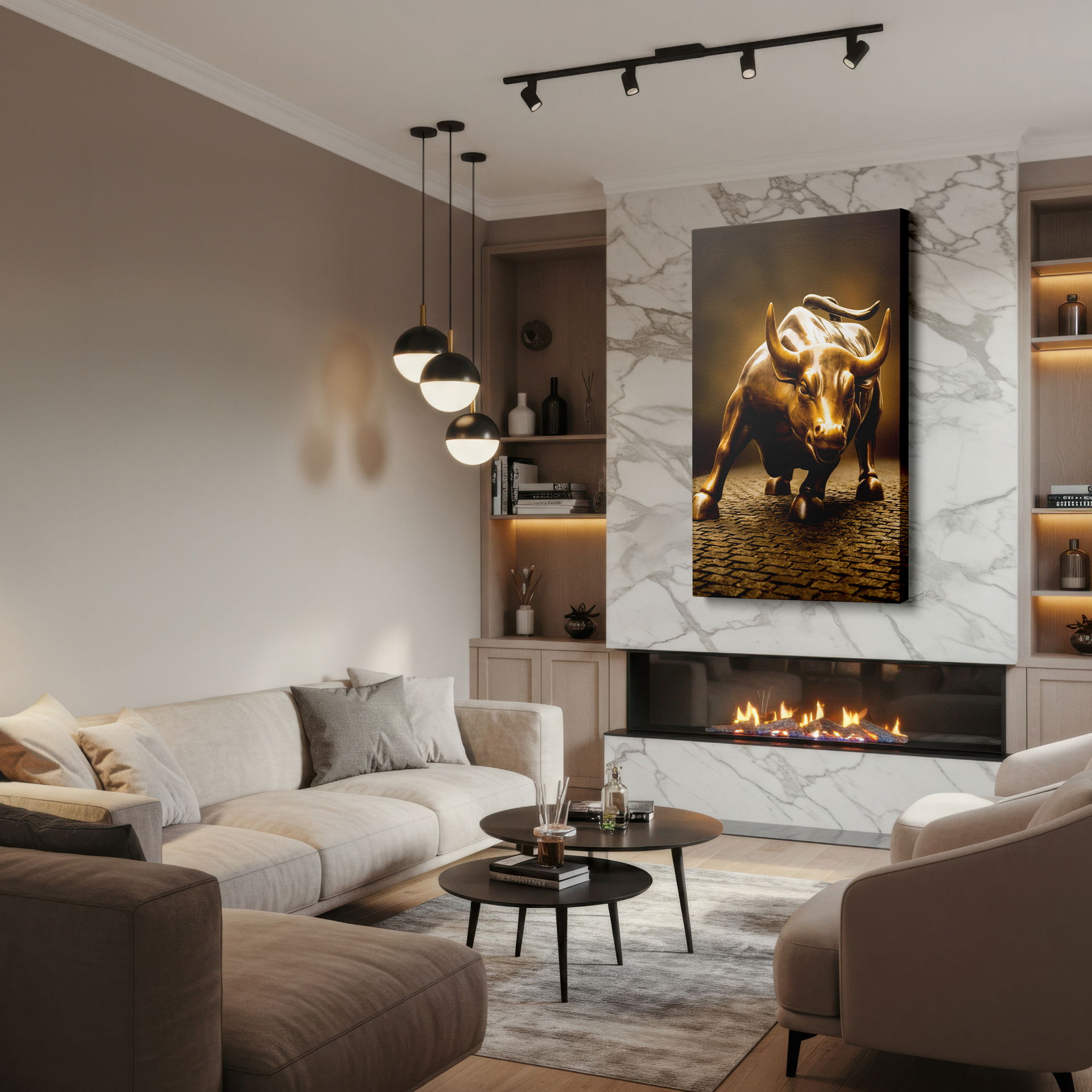 Iconic Charging Bull canvas wall art print showcasing the statue's dynamic energy, perfect as ambitious wall decor.