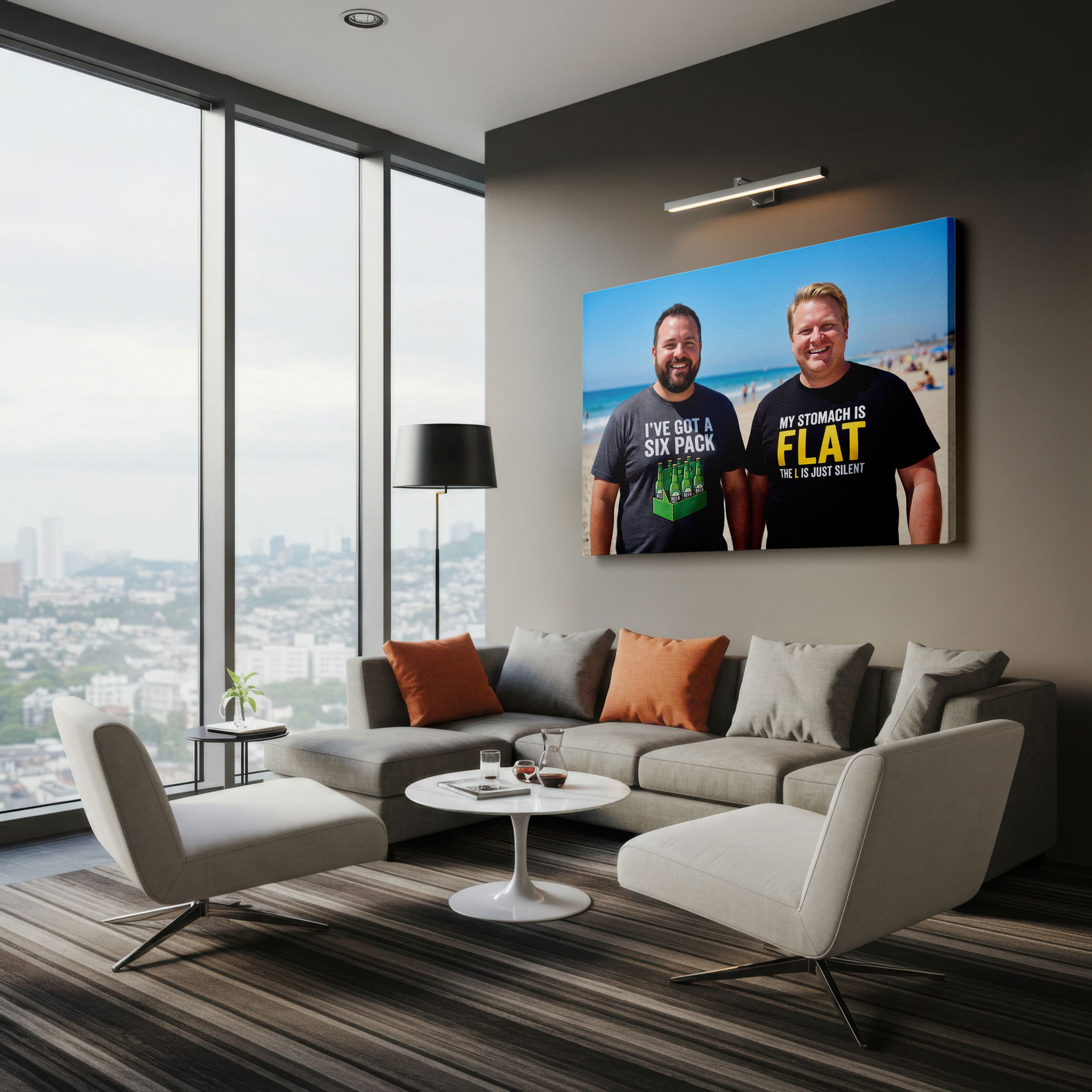 Humorous wall art canvas print of a man with an I've got a six pack beer graphic t-shirt wall decor