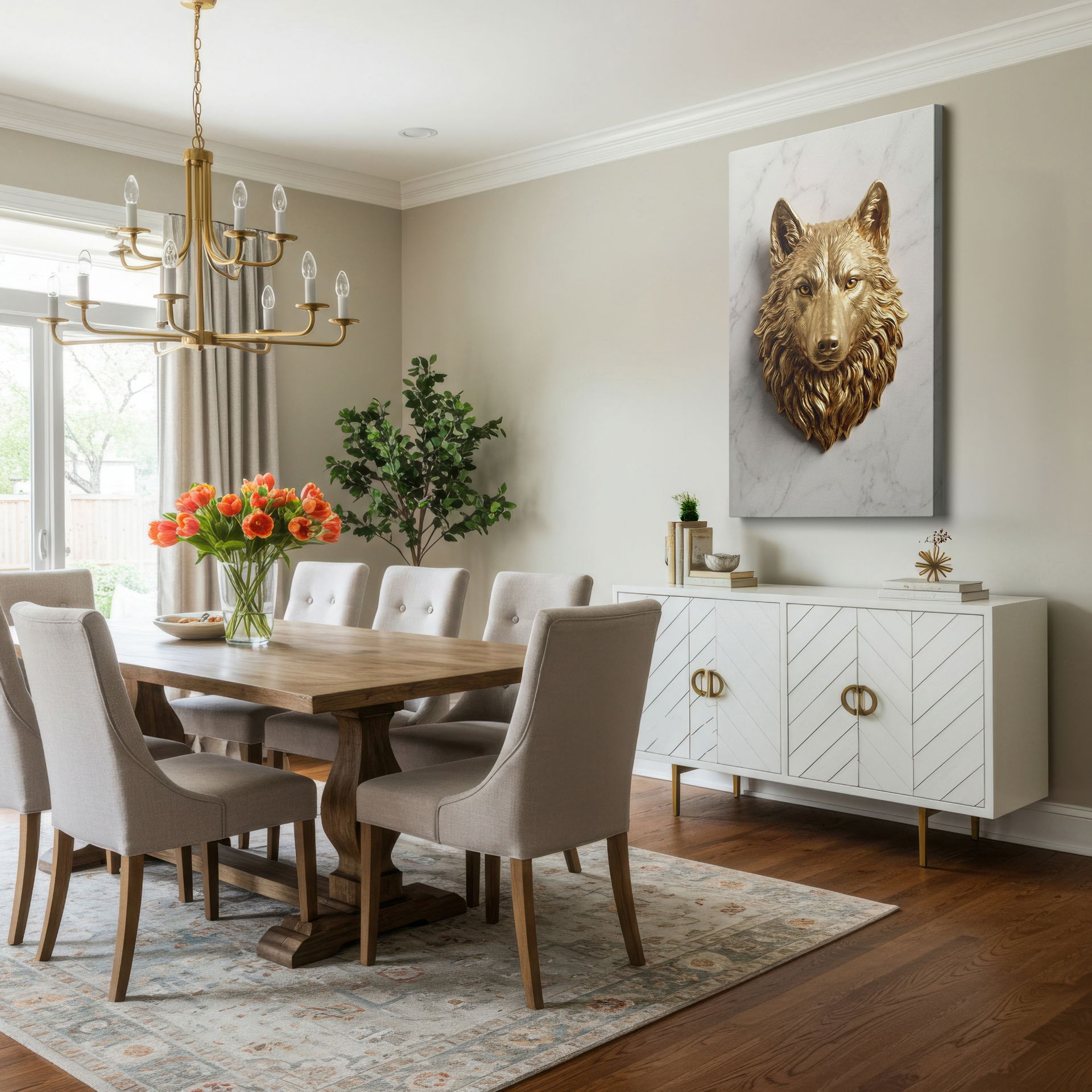 Close-up of the shimmering golden hues and fine details of the wolf head on modern wall art decor