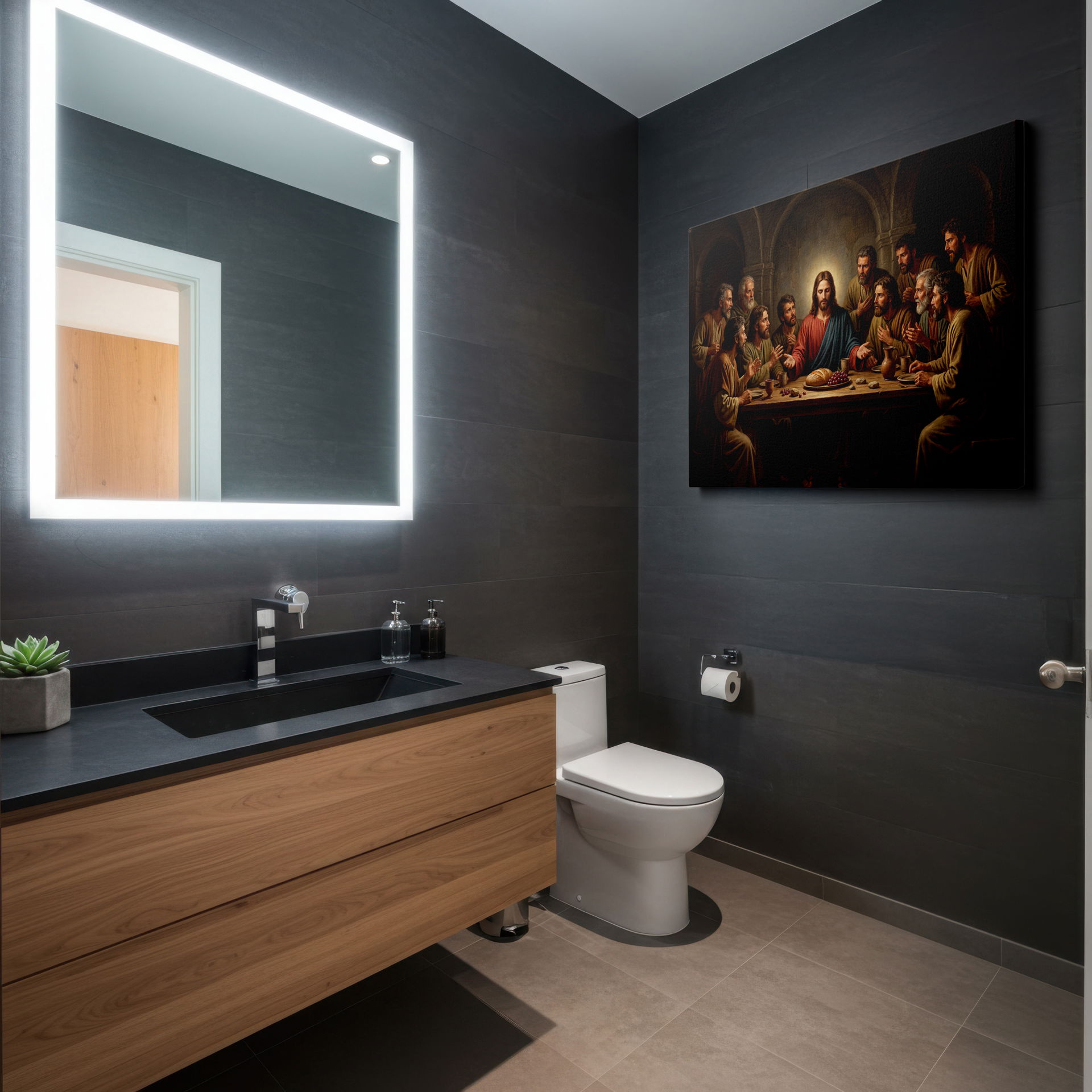 Evocative religious wall art featuring The Last Supper scene, rendered with warm colors, ideal for Christian wall decor.