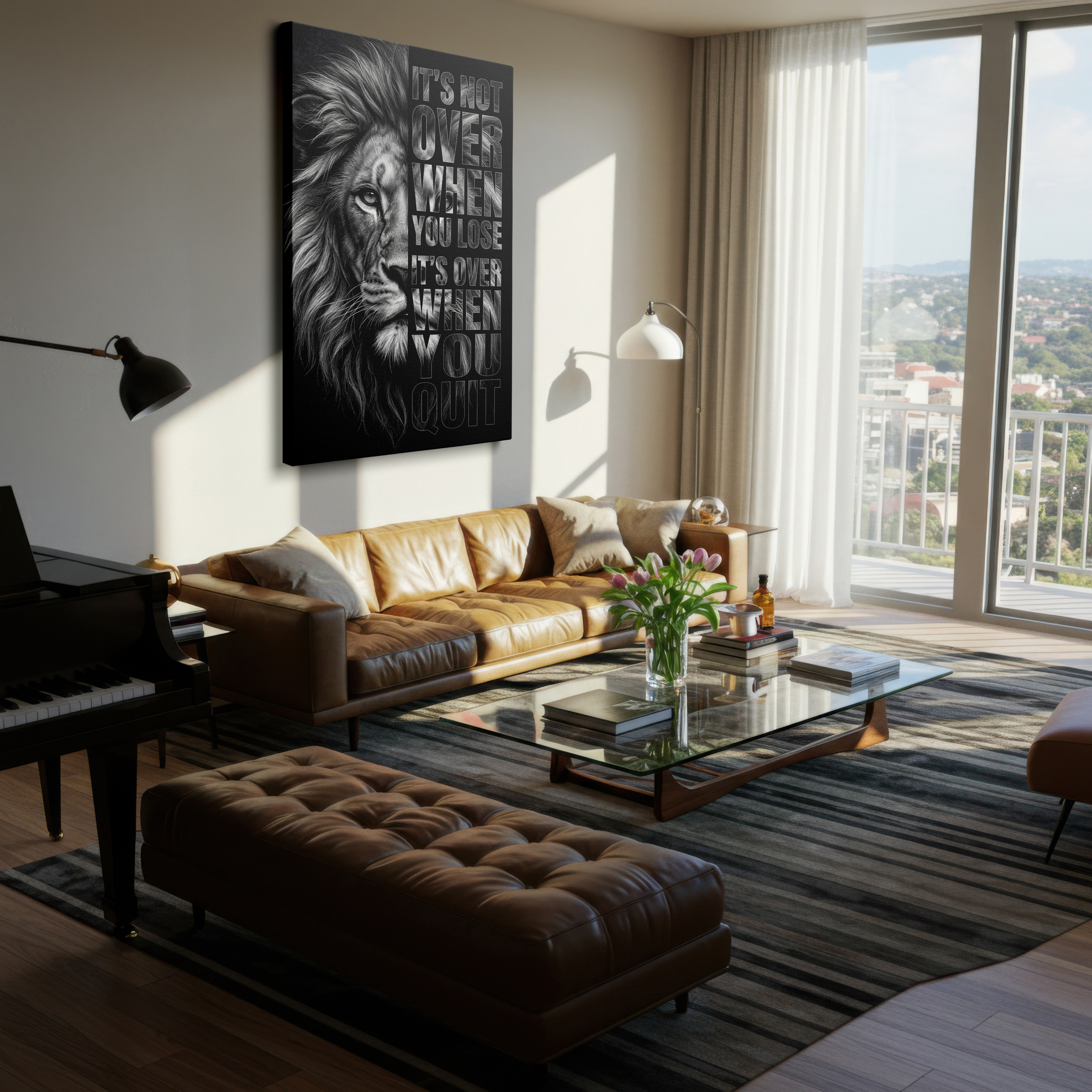 Inspirational quote and lion artwork on high-quality canvas wall art, perfect for modern home wall decor.