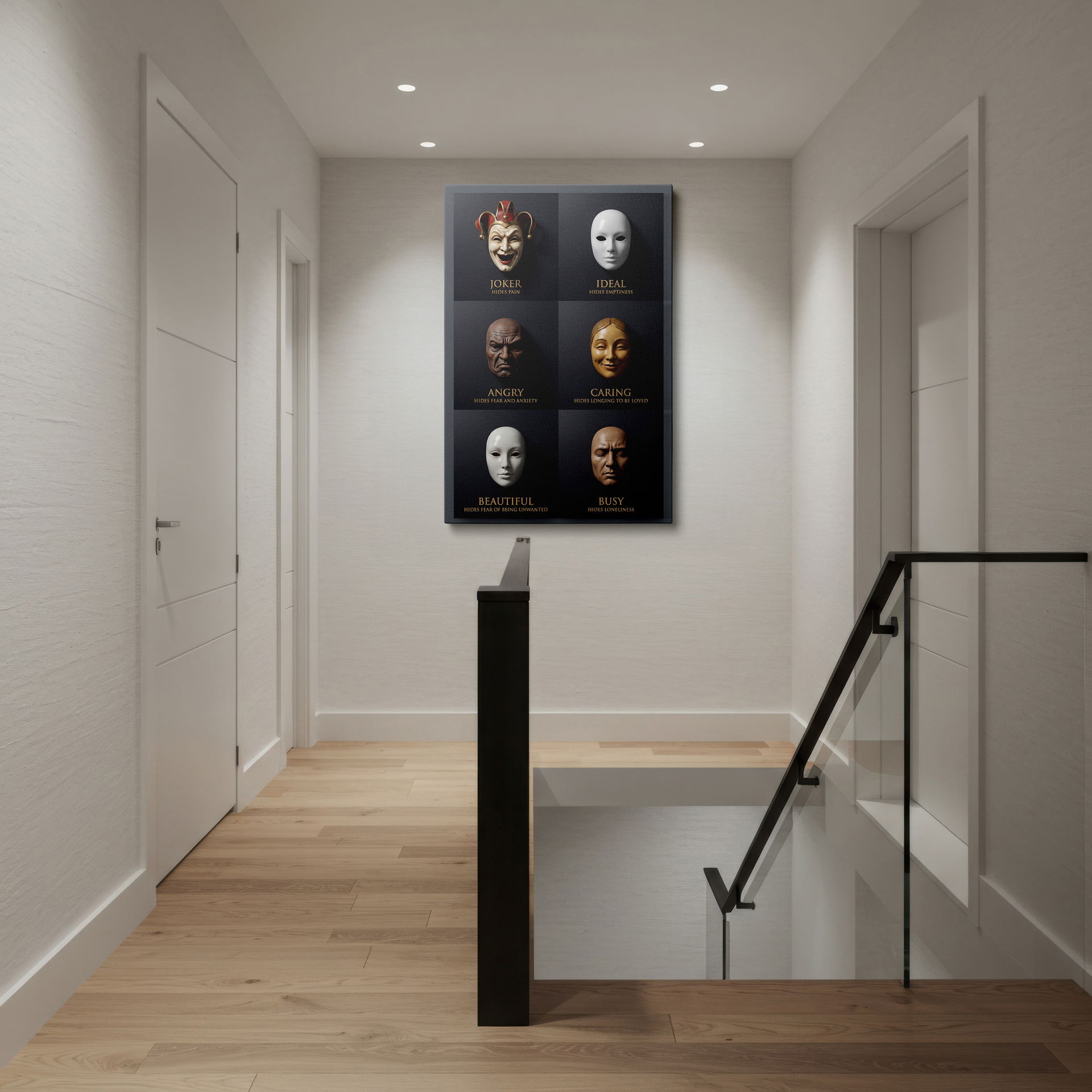 The Masks We Wear high-quality wall art displayed in a modern living space, adding sophisticated wall decor to the room.