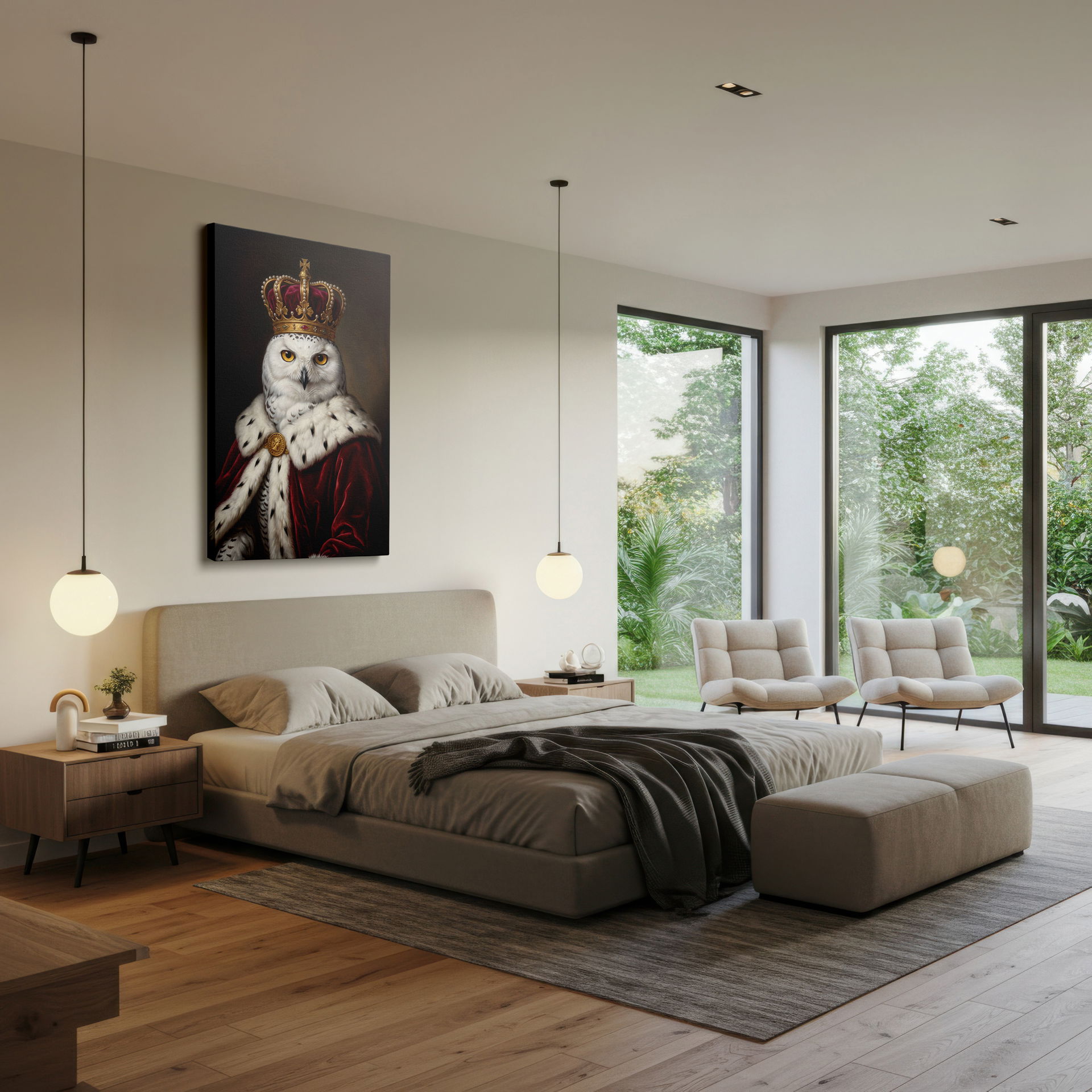 Full view of the royal owl artwork, showcasing the luxurious red velvet robe trim, sophisticated wall art. wall decor