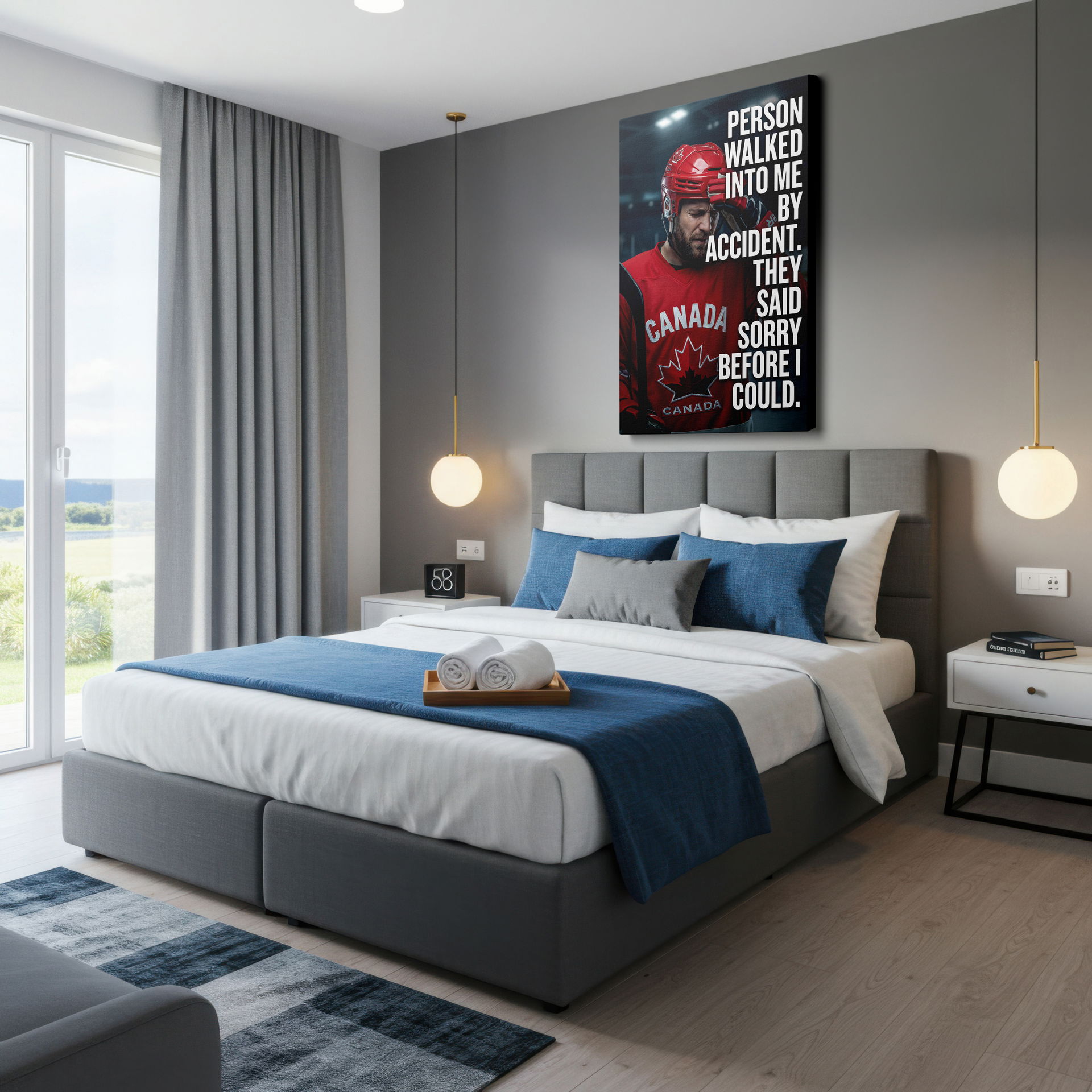 Captivating hockey wall art showing a polite Canadian stereotype and sportsmanship for wall decor.