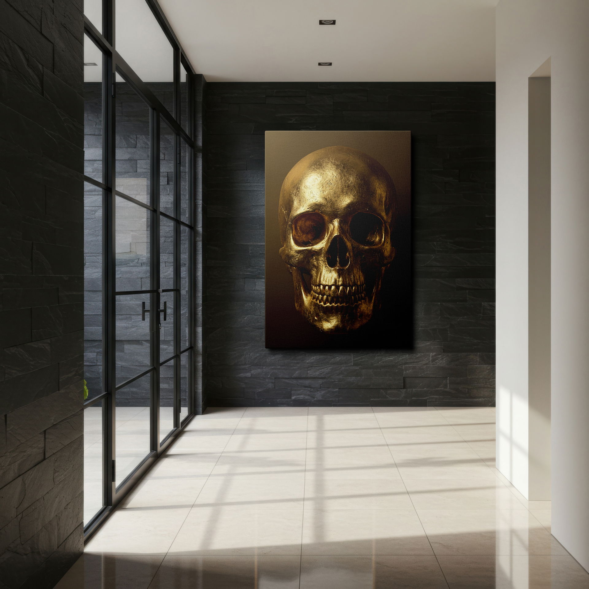 Photorealistic golden human skull artwork on canvas wall art creating a captivating and unconventional wall decor