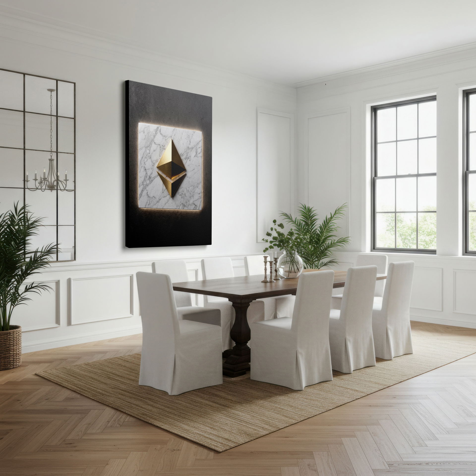 Detailed close-up of the luxurious golden pyramid on the abstract wall art, highlighting the intricate texture for sophisticated wall decor.