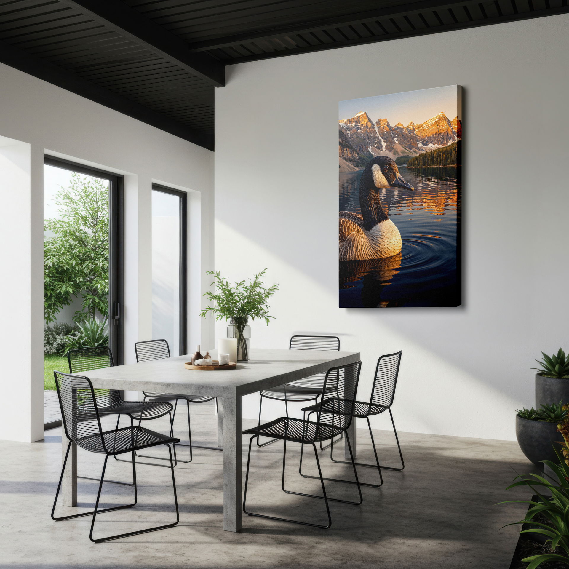 Serene Canadian Rockies scenery at dawn with a goose in the foreground, perfect nature wall art and wall decor